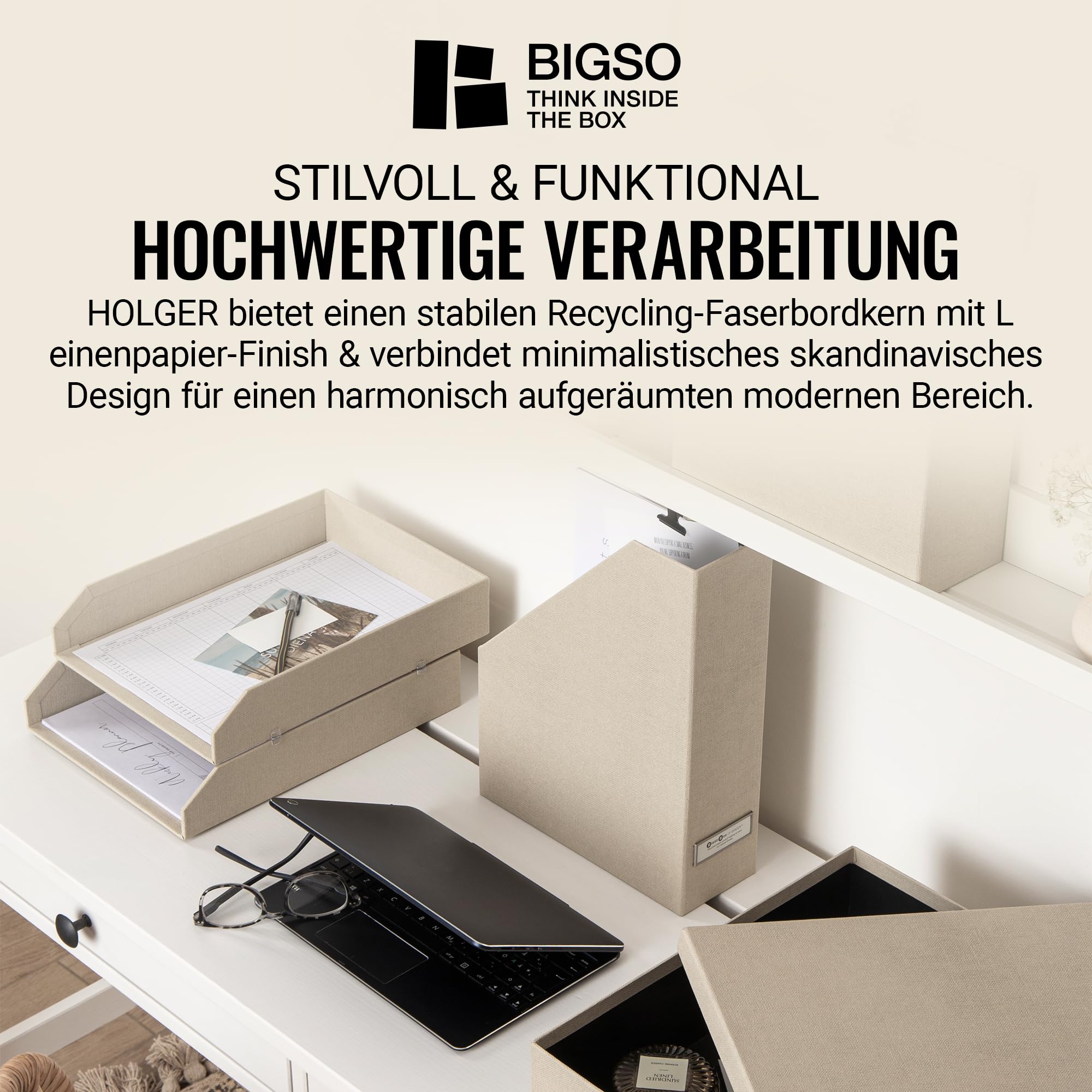 BIGSO HOLGER 5-teiliges Schreibtisch Set – Ordnungssystem mit 2 Stehsammlern, 2 Briefablagen und einer Box – Organizer aus Faserplatte und Papier in Leinenoptik – beige
