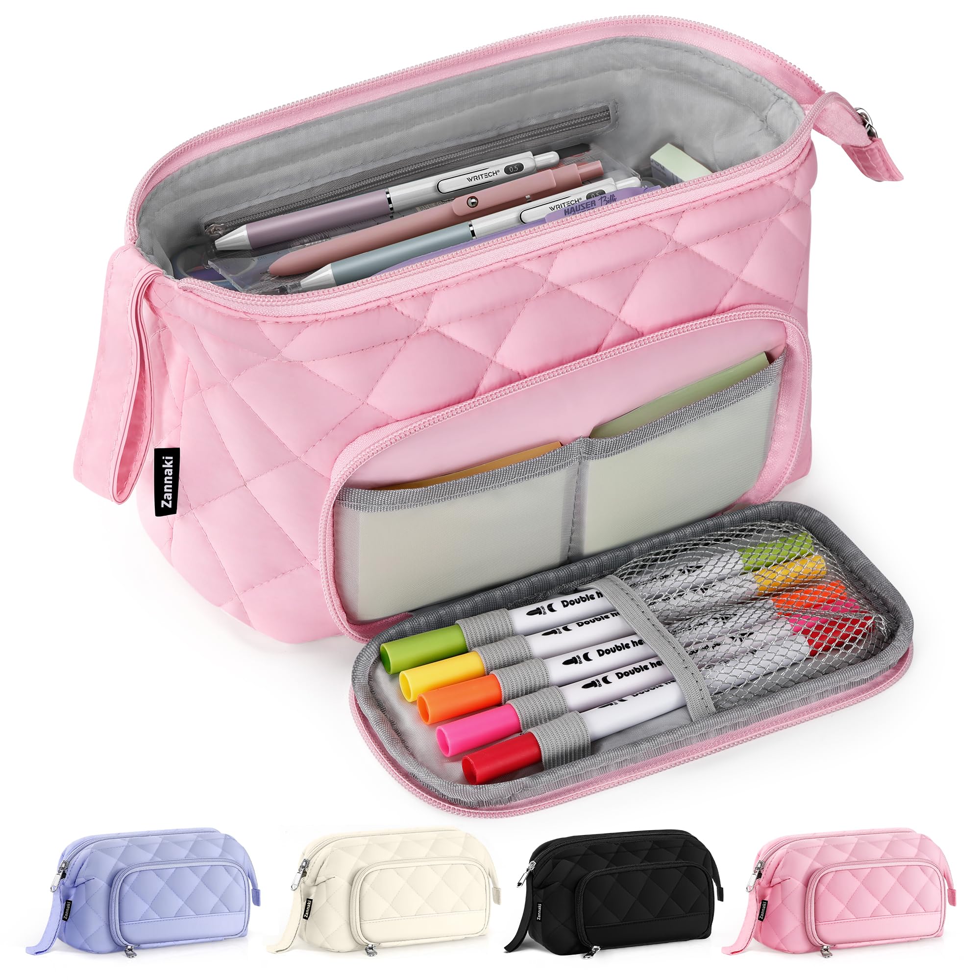 Zannaki Soft Quilted Large Pencil Pouch Organizer with Wide Opening for Boys Girls Teens - Extra Big Capacity Pen Pencil Bag with Zipper, Portable