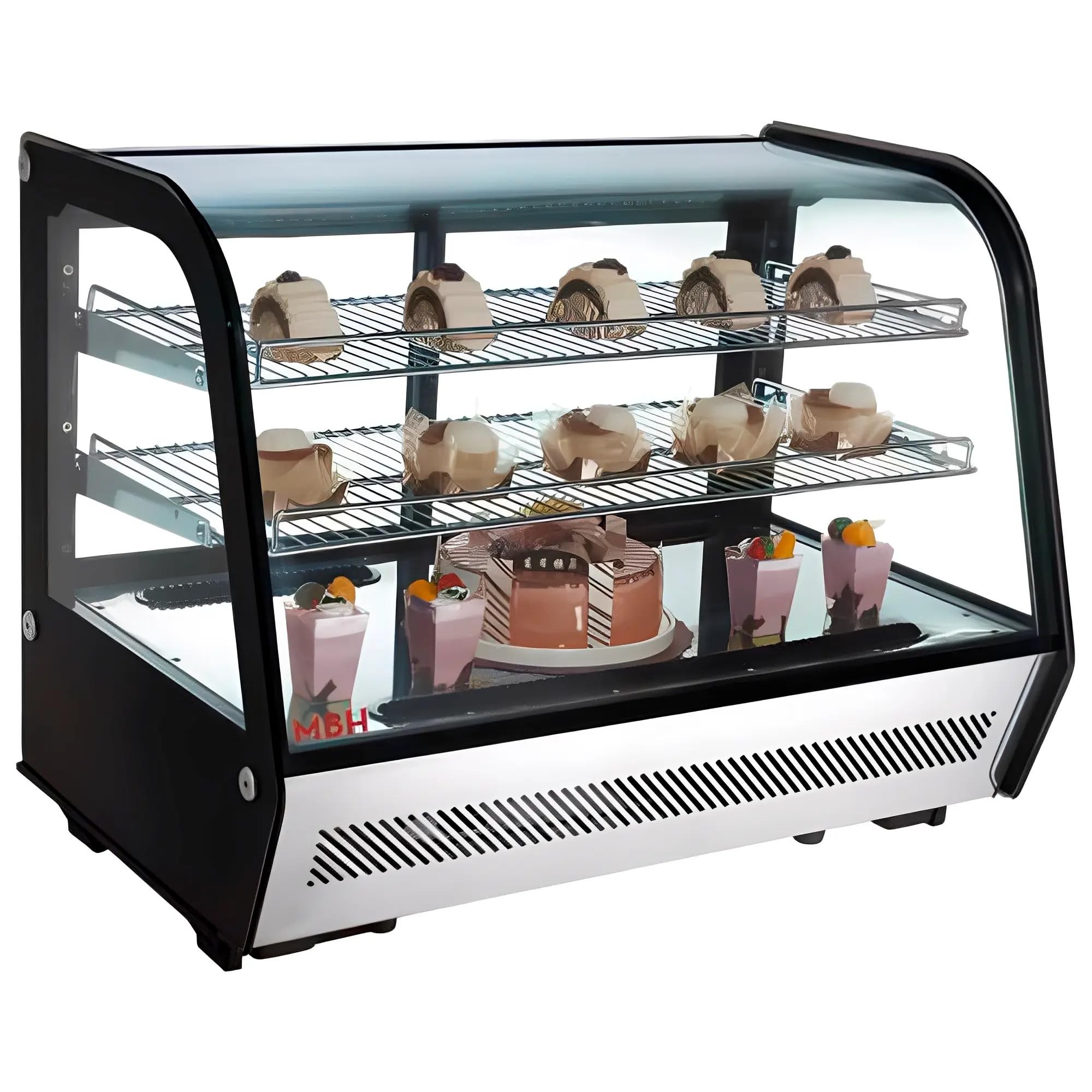 MBH – Vetrina refrigerata compatta professionale da banco, 100 litri, per la ristorazione. Frigorifero espositivo industriale da tavolo a 3 ripiani per bar, caffetteria e pasticceria.