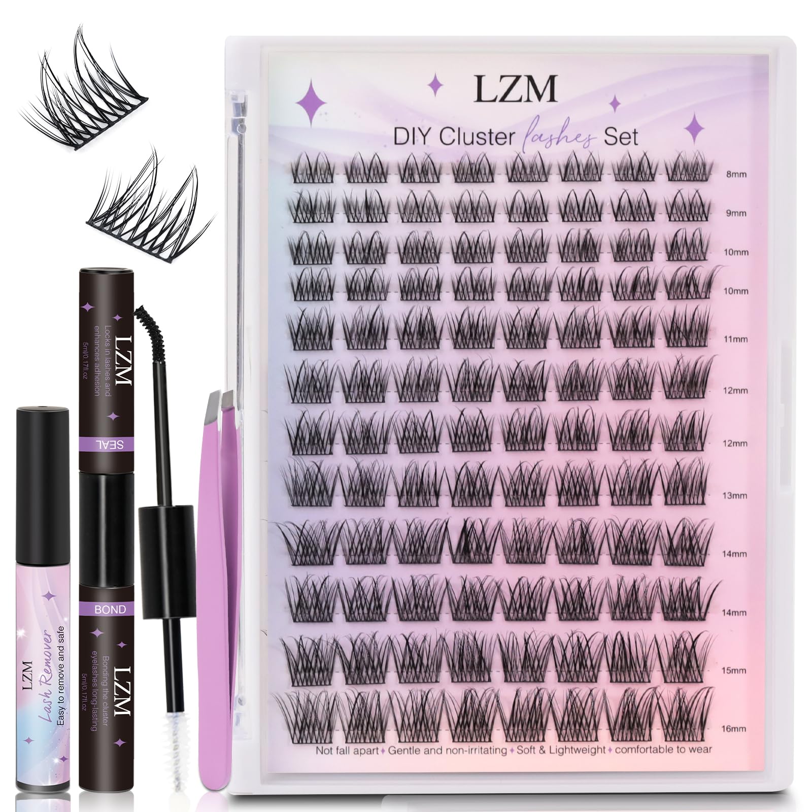 LZM Extensión de Pestañas Kit - Pestañas Individuales mix de 8-16 mm, Pestañas Individuales Cluster con Pegamento y Sellador de Pestañas, Pinzas, Removedor de Pegamento (D Crul, Y08)