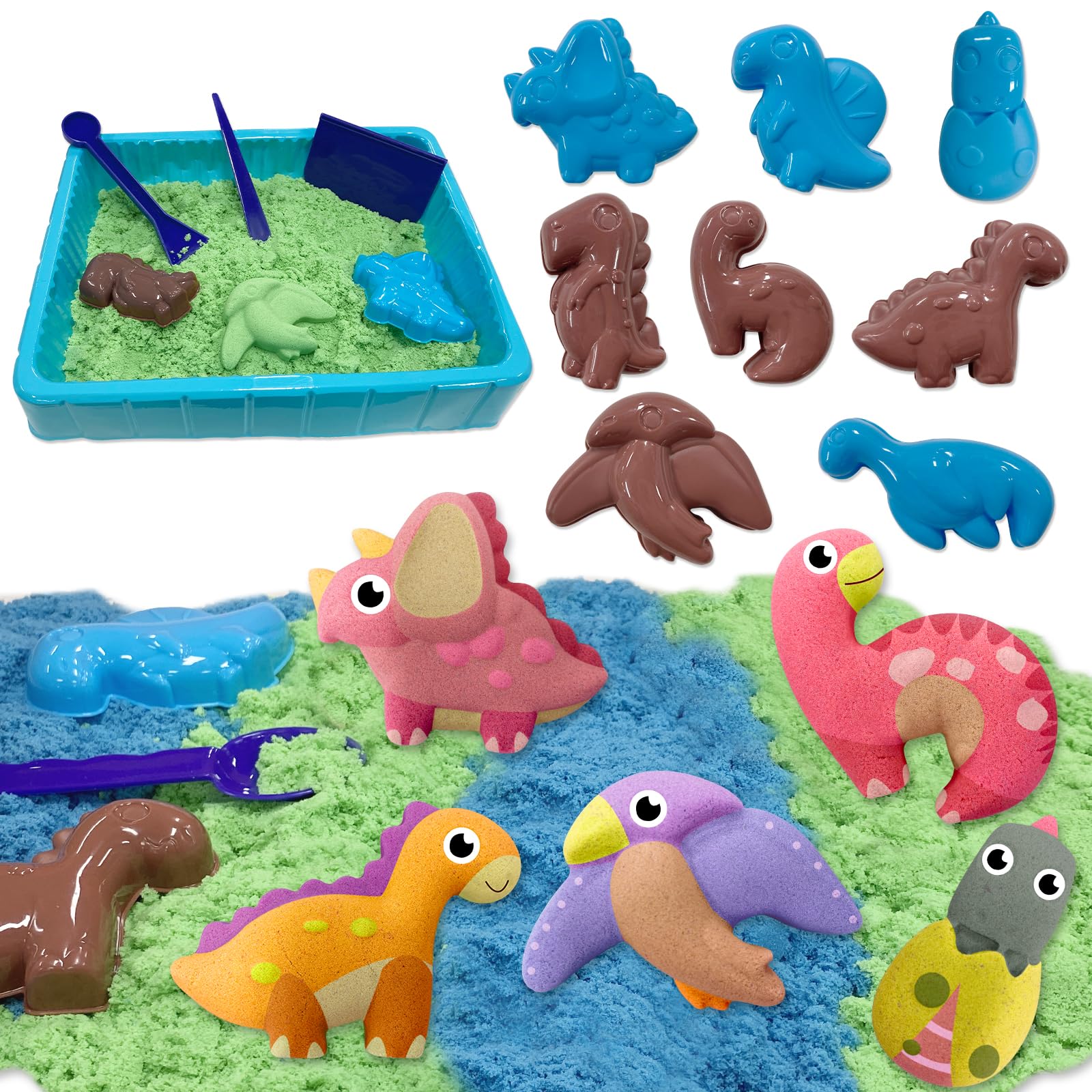 VBACALA Magic Toy Sand pour Enfants,Coffret de Sable Magique Contenant 500 g de Sable,8 Moules à Sable en Forme de Dinosaures,Sable Magique Sensoriel, Jouet de Sable,Cadeau de Noël Garçons et Filles