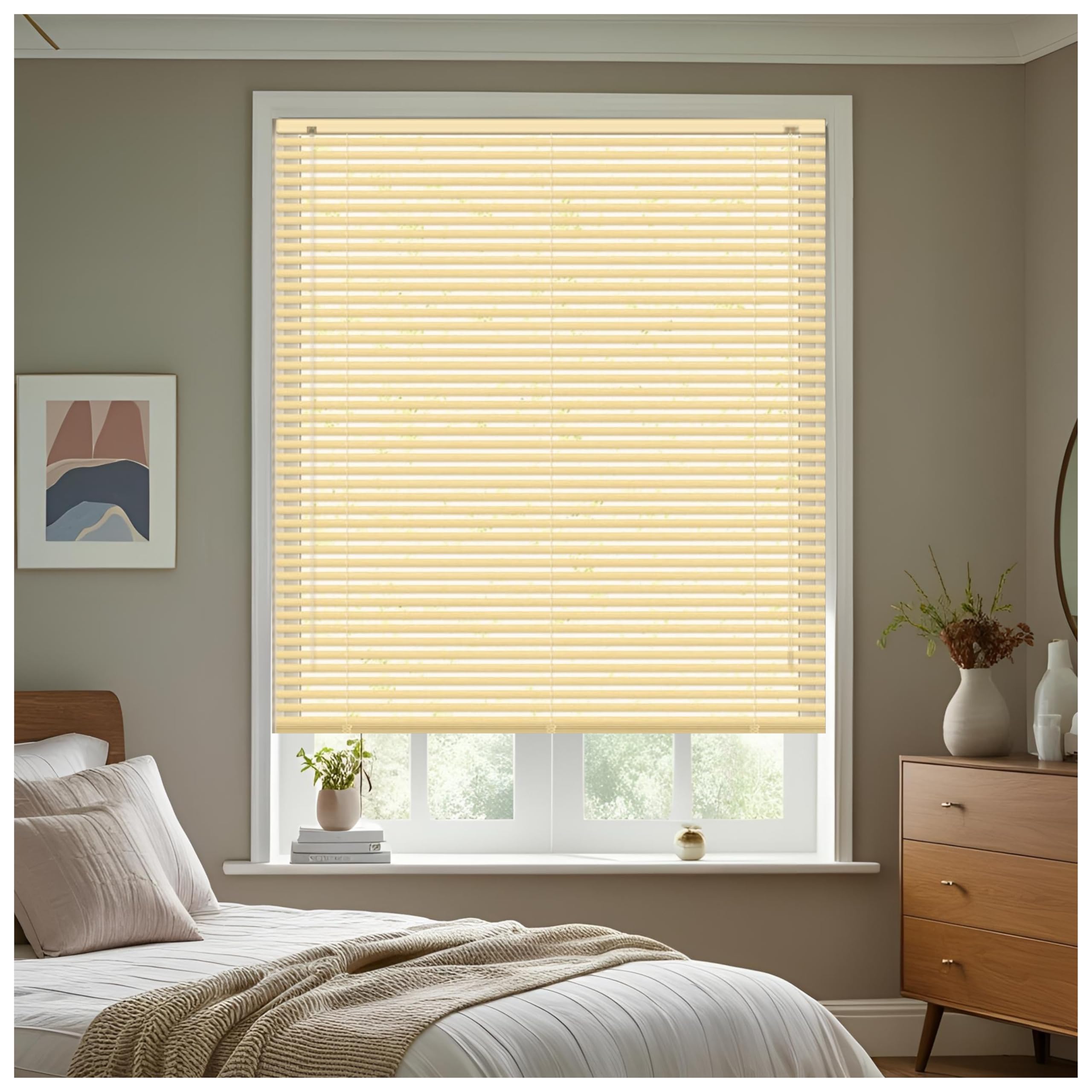 J.Din Natural Wood Grain Effect Made To Measure PVC Venetian Window Blinds Easy Fit Windows Treatment Curtains 25mm Slats Wooden Shutters Child Safe Fittings 110W x 213H cm