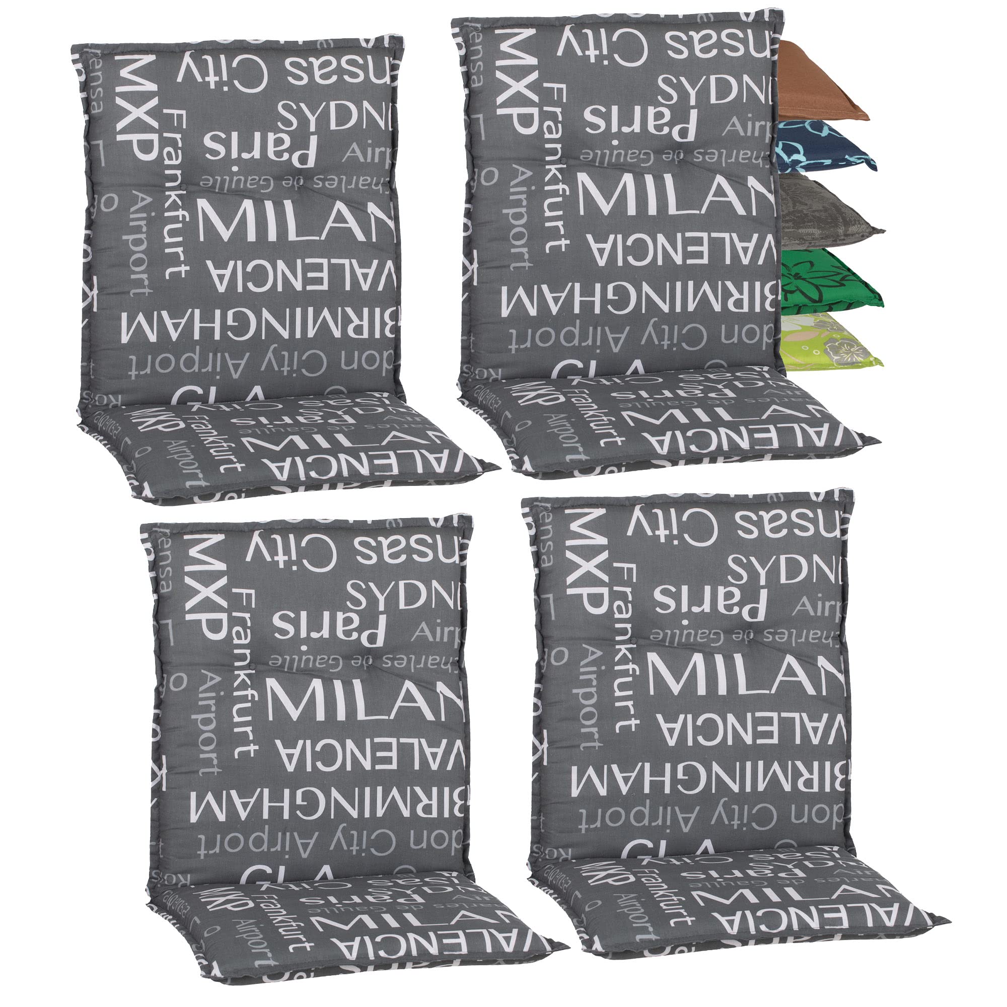 Beo Niedriglehner Auflagen 4er Set Barcelona | Made in EU nach Öko-Tex Standard | Waschbare Stuhlauflage Niedriglehner mit Halteband | Atmungsaktive Auflagen Niedriglehner mit Städtenamen in Grau
