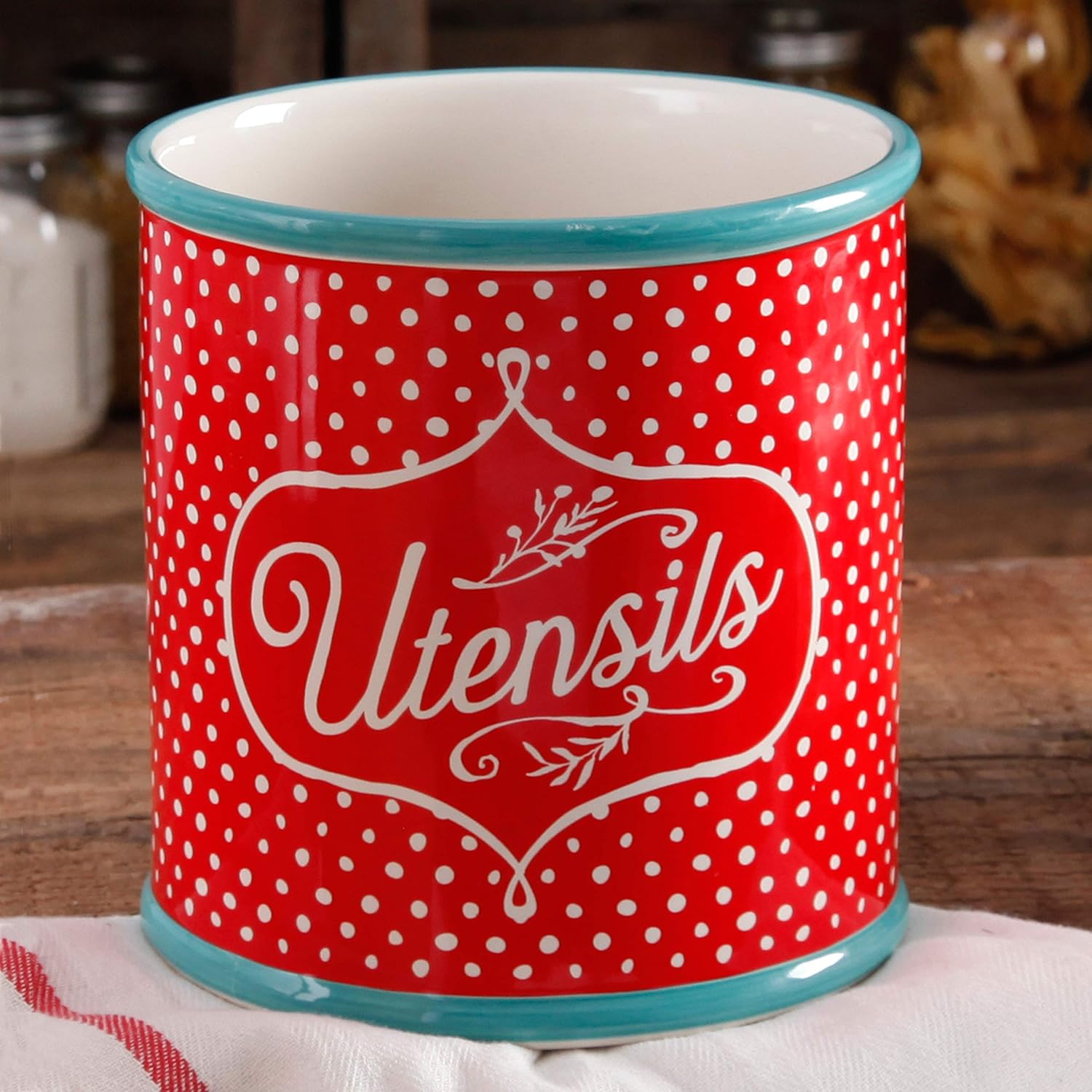 Pioneer Woman 6 1/2 x 7 Polka Dot Stoneware Utensil Canister