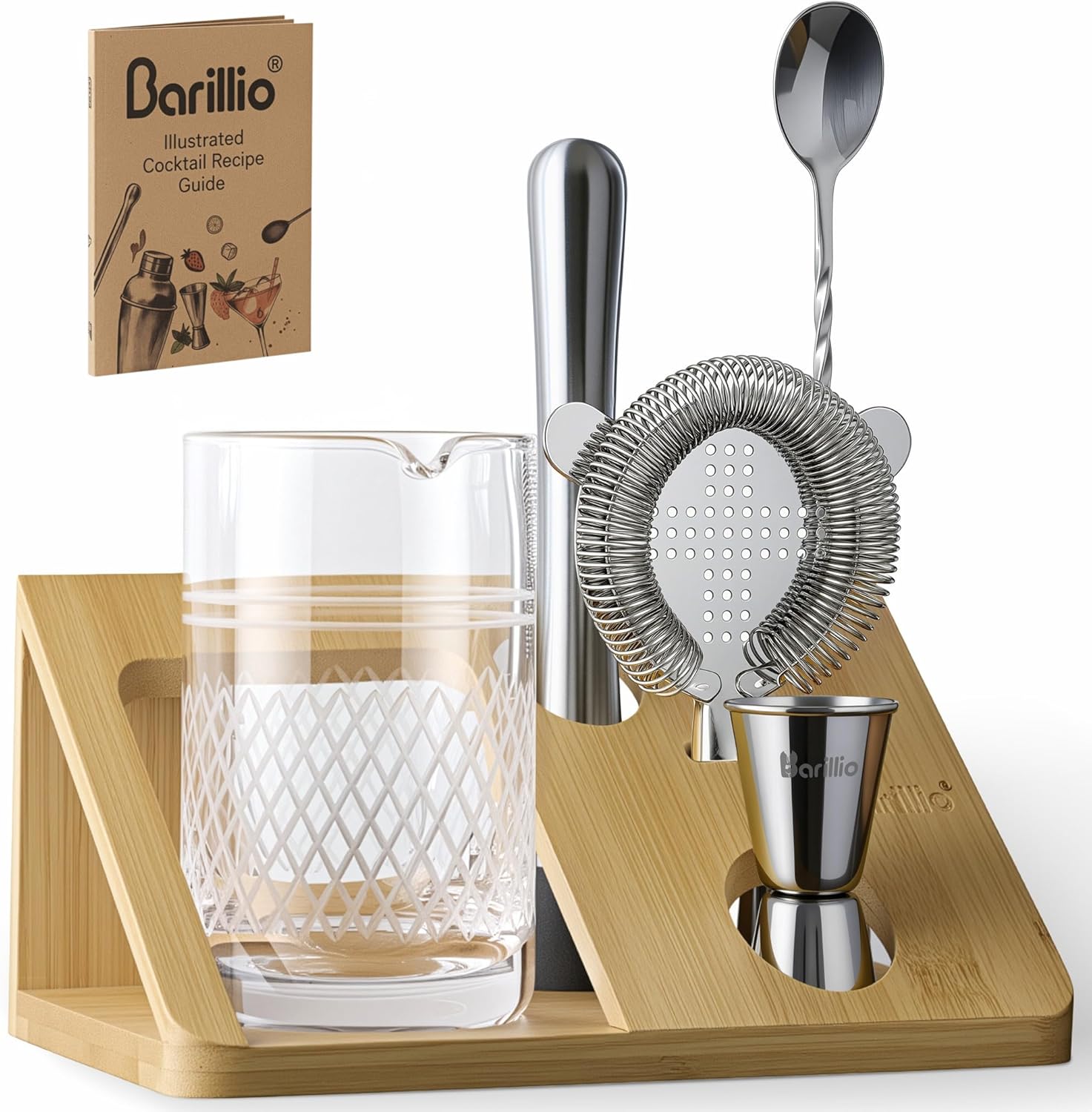 Barillio 20 Oz Crystal Cocktail Mixing Glass with Bamboo Stand & Bar Tools | Seamless Lead-Free Crystal, Weighted Base Stirring Pitcher | Including Muddler, Mixing Spoon, Jigger and Strainer