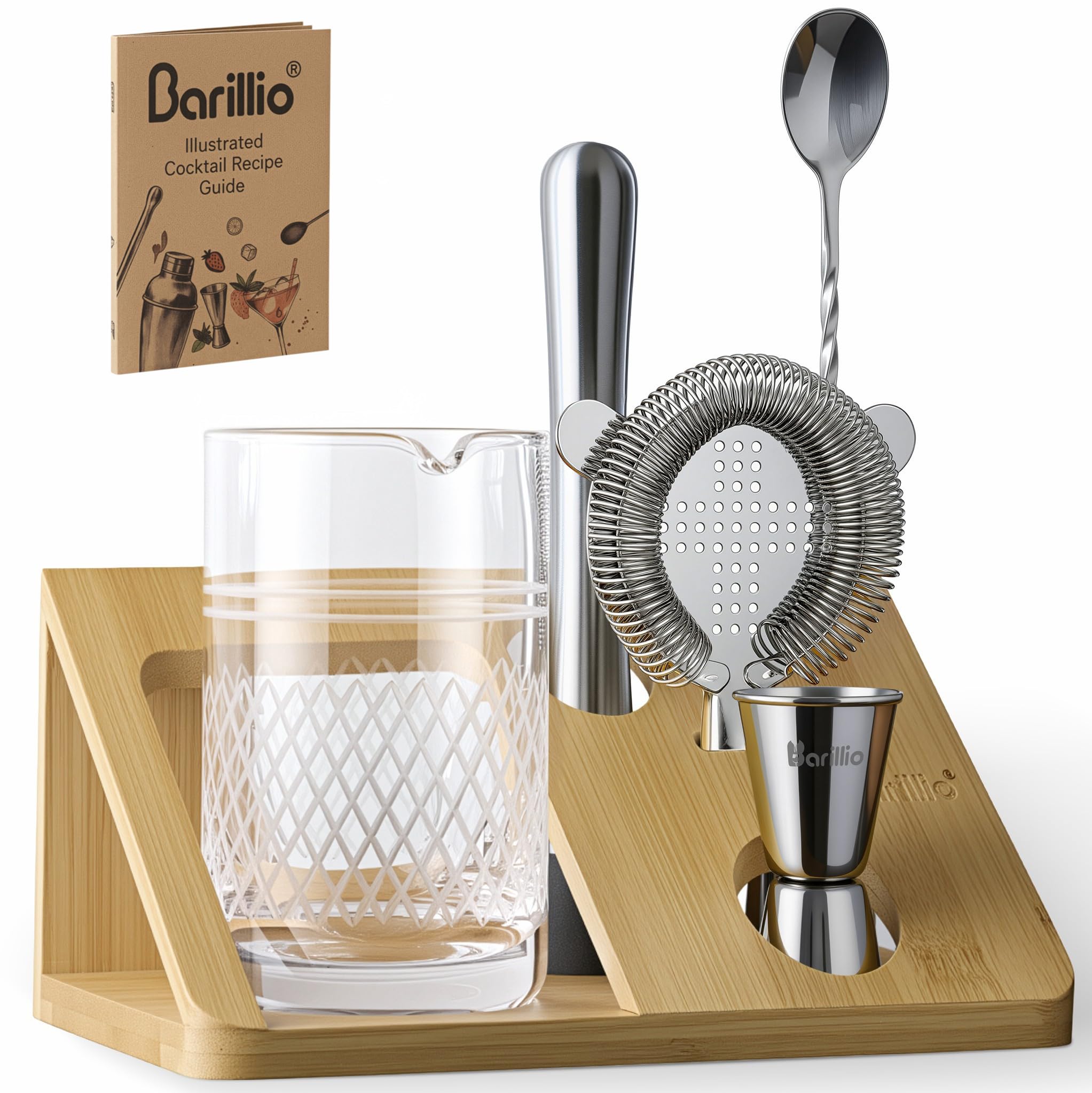 Photo 1 of Barillio 20 Oz Crystal Cocktail Mixing Glass with Bamboo Stand & Bar Tools | Seamless Lead-Free Crystal, Weighted Base Stirring Pitcher | Including Muddler, Mixing Spoon, Jigger and Strainer