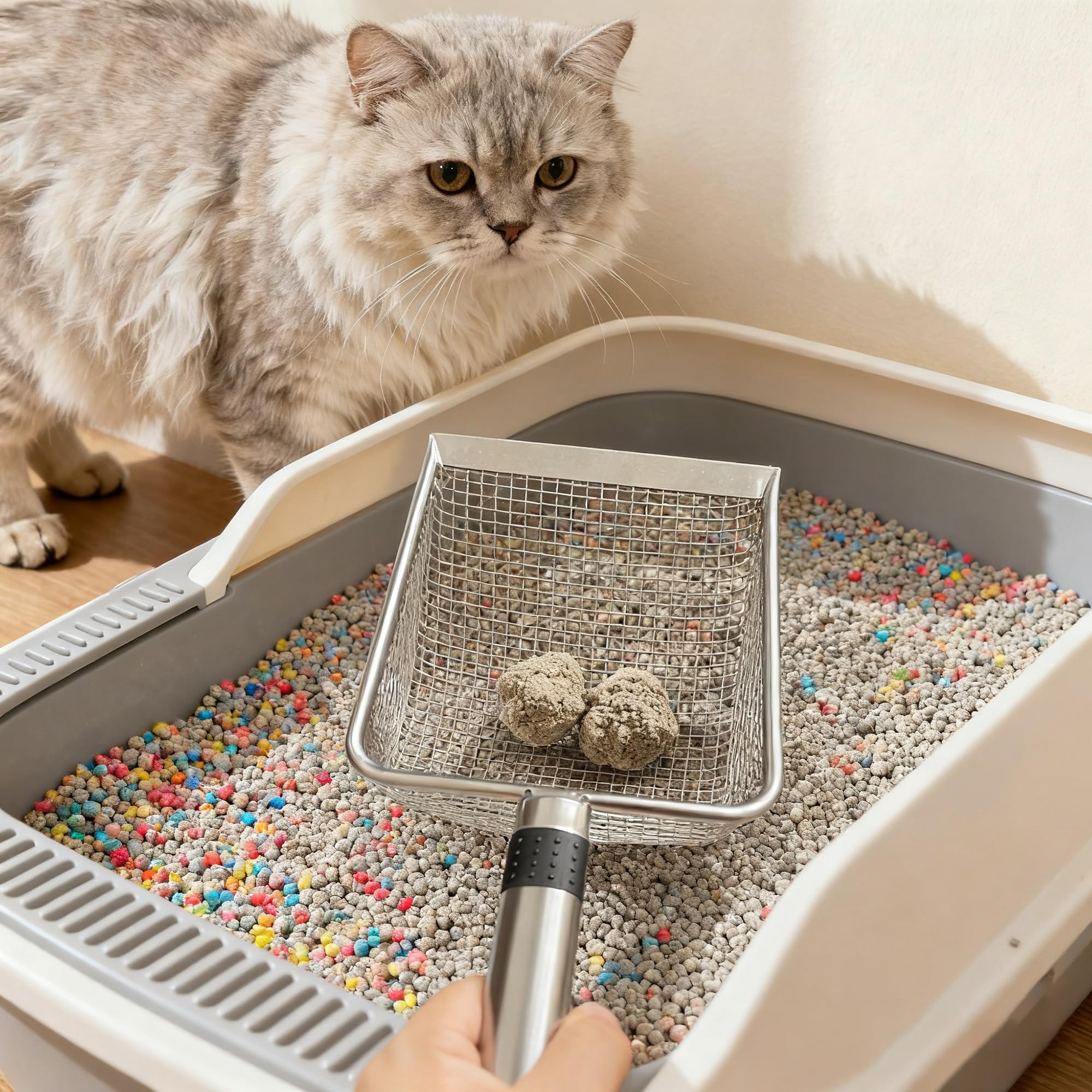 2-Pack Stainless Steel Cat Litter Scoop, 3.8mm Fine Mesh & 5mm Metal Scooper, 5.5-Inch Wide Deep Shovel, Long Handle, Rustproof Cat Poop Scooper for Clumping Litter, Multi-Pet & Beach Sand - image 2