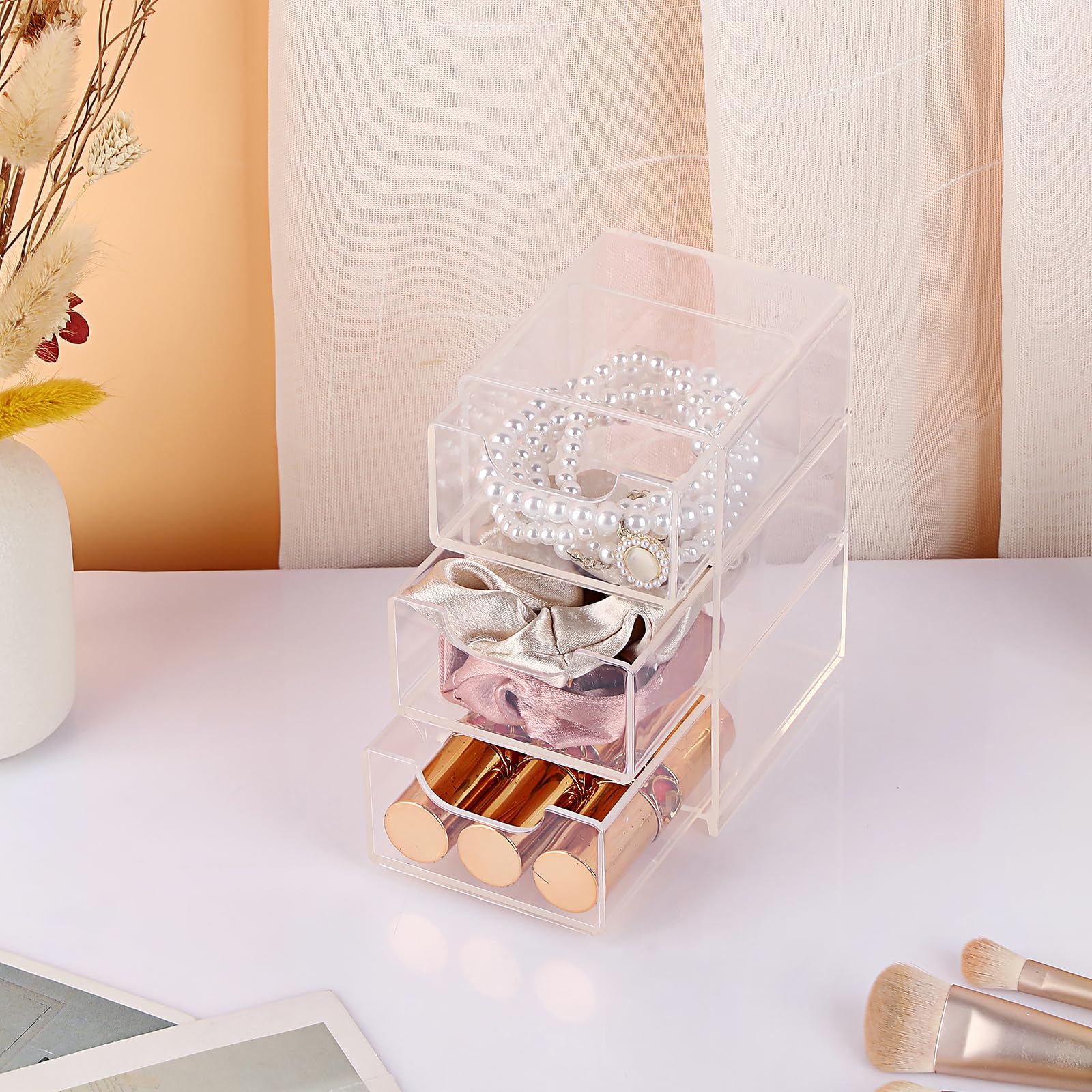 Hipiwe Acrylic Drawer Organizer Qtip Holder for Cotton Pad Cotton Swabs Makeup Storage Drawer with 3 Drawers Clear — view 6