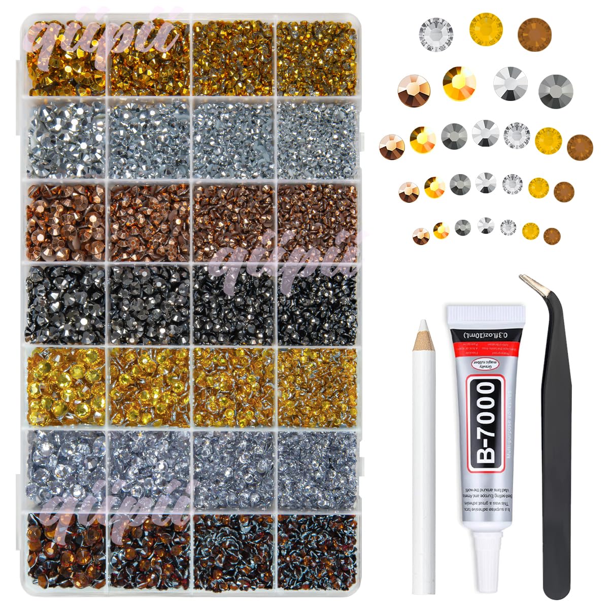 qiipii 28 Types Golden Silver Copper Jelly Resin Rhinestones w B7000 Jewelry Glue for Bedazzling Crafting 3-6mm Flatback Colorful Metallic Stones Gems