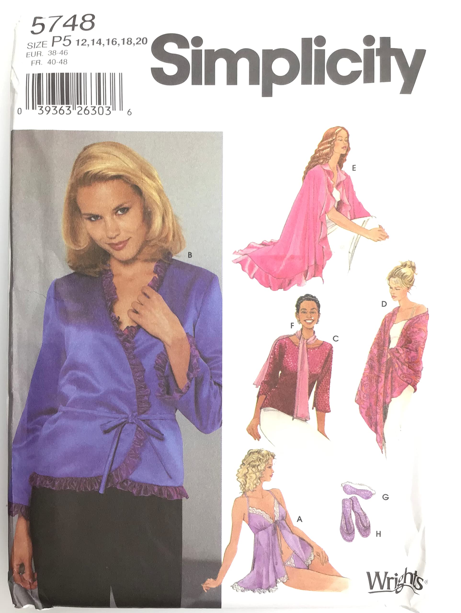 Simplicity Muster 5748 ~ Damenjacke, Oberteil, Schal, Dessous-Set, Hausschuhe und Augenmaske ~ 40-48