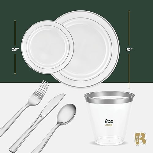 Miniatura 5 de Juego de vajilla de plástico plateado de 600 piezas para 100 invitados, platos de plástico plateado para fiestas, juegos de platos de fiesta para