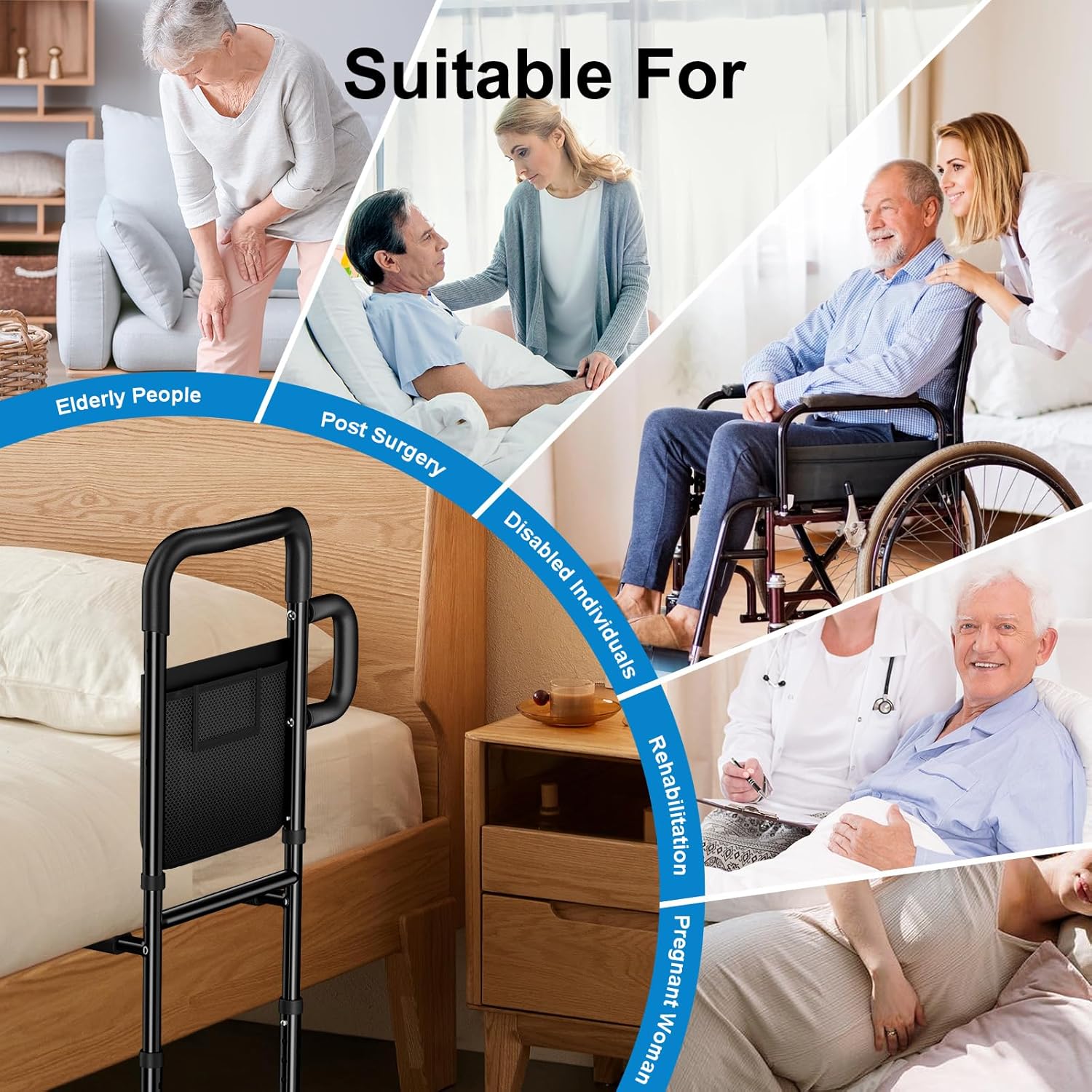 Bed Rails for Elderly Adults Safety - Height Adjustable Bed Assist Rail for Seniors, Stable Bedside Handle with Non-Slip Grip & Pocket, Fits King Queen Full Twin Bed (Black)