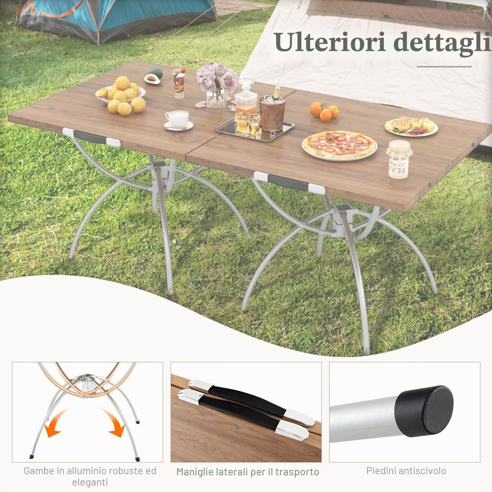 KOMFOTTEU Tavolo da campeggio allungabile 2 in 1, pieghevole, con struttura in alluminio e legno, 120 x 60 cm, con borsa per il trasporto