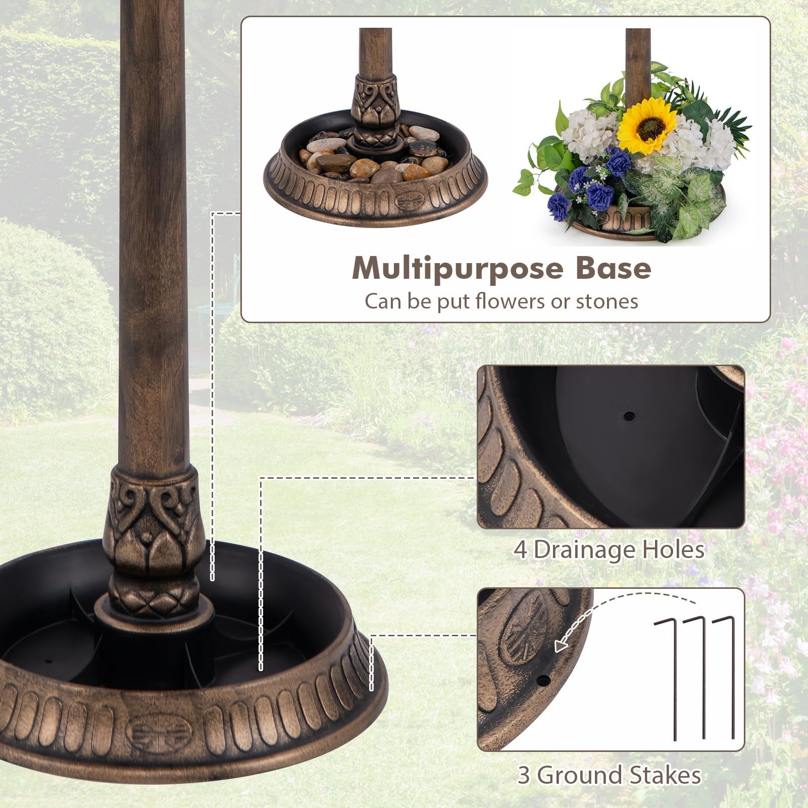 PETSITE Vasca per uccelli a energia solare, con piedistallo con mangiatoia per uccelli, base per fioriere e lampada a energia solare, vasca per uccelli in piedi per esterni, giardino o cortile
