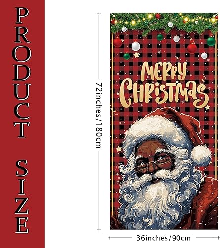 Miniatura 2 de Cubierta de puerta de Papá Noel a cuadros rojos y negros, telón de fondo de Feliz Navidad, decoraciones de Navidad afroamericanas y suministros para