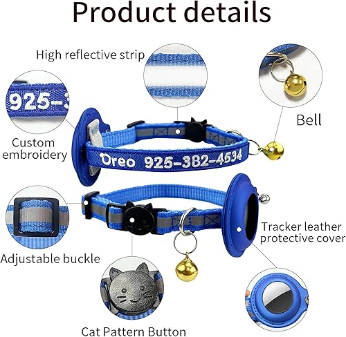 Miniatura 2 de Collar para gatos Airtag, collar de identificación de gato personalizado de nailon bordado con nombre de mascota y número de teléfono con funda