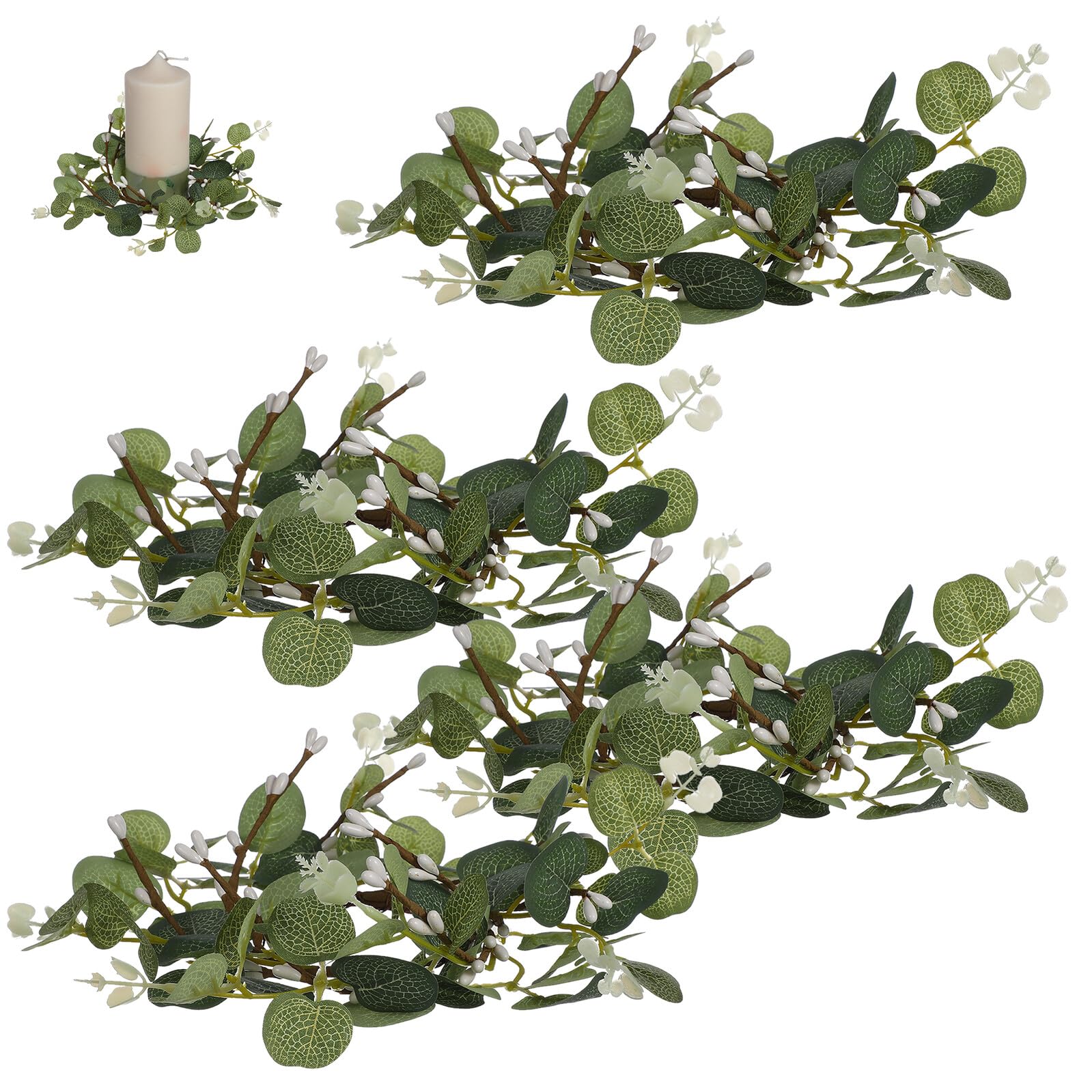 Anneaux de bougie eucalyptus artificiels et mini couronnes de table pour fête et Noël