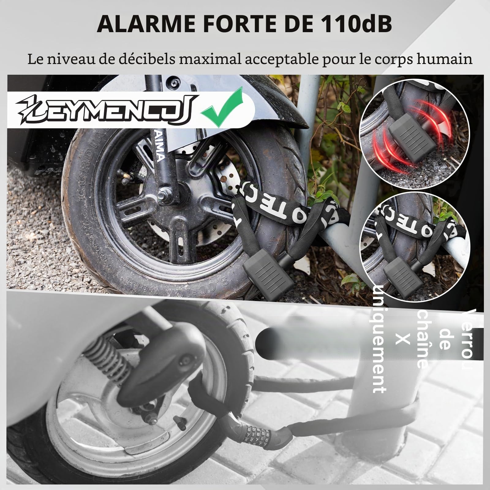 Serrure de vélo avec alarme et serrure de chaîne - Chaîne Anti - Rouille 8mm, Alarme 110db IP65 étanche avec 2 télécommandes, Double chaîne antivol pour vélo, scooter, moto électrique, entrepôt