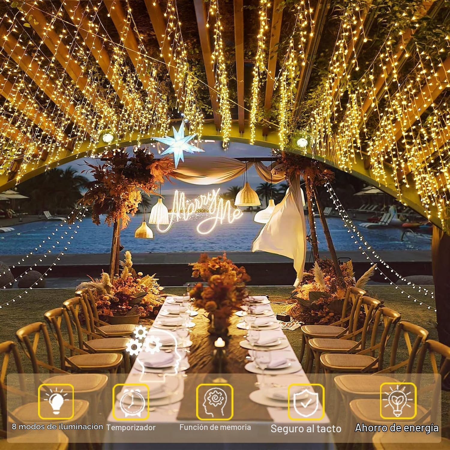 Cortina Luces Navidad Exterior, 10M 400LED, Guirnalda Cascada Prolongable Con Temporizador, Función de Memoria, 8 Modos, Decoración para Jardín Ventana Bar Boda - Blanco Cálido