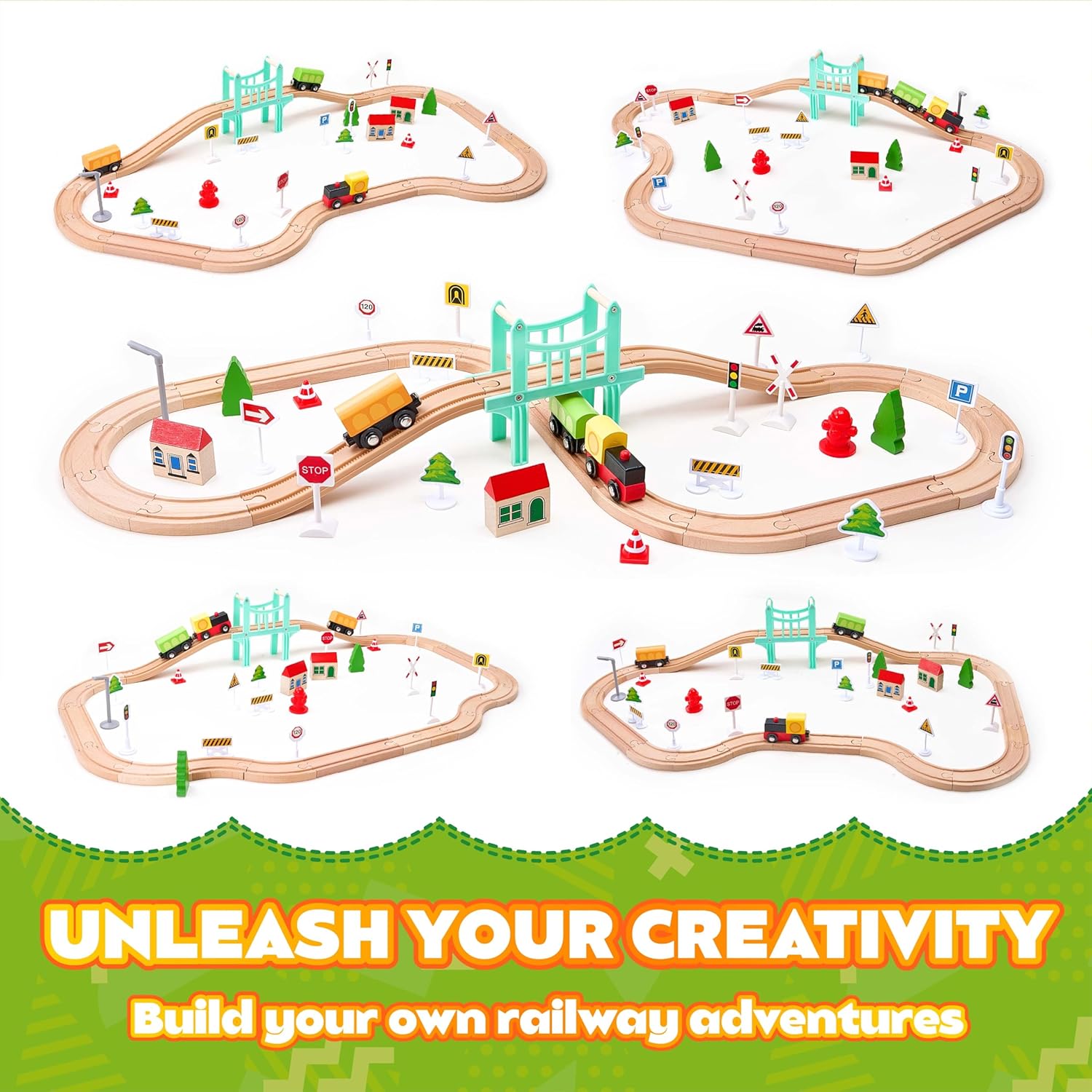 47 Pcs Wooden Train Set for Toddlers & Train Set with More Track (Classic)