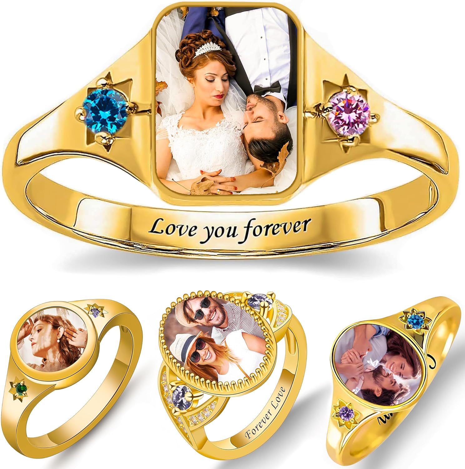 Custom Photo Ring Personalized 925 Sterling Silver Picture Rings for Women, Square/Heart/Round Customized Birthstone Rings for Her Women Lover Couple