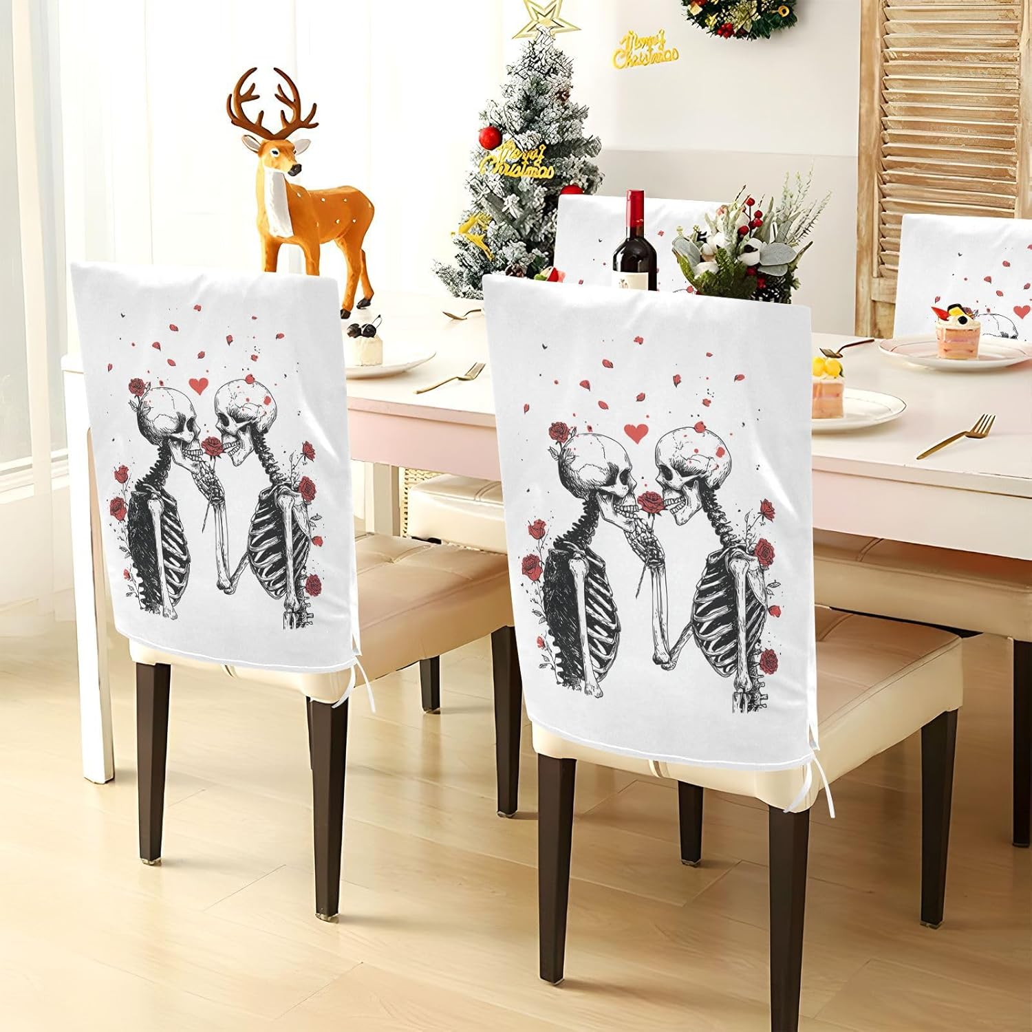 ALAZA Vintage Skeletons Hearts Roses Chair Back Cover Set of 6, Washable Reusable Removable Chair Slipcovers Decorative Chair Cover for Home Kitchen Wedding Party