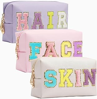 3 Pieces Patches Makeup Bag Stuff Pouch Cosmetic Bag Chenille Patch Travel Bag Toiletry Bag with Patches Preppy Patch Makeup Bag Stoney Clover Dupes (Chenille Letter Bag, Purple/Pink/White)