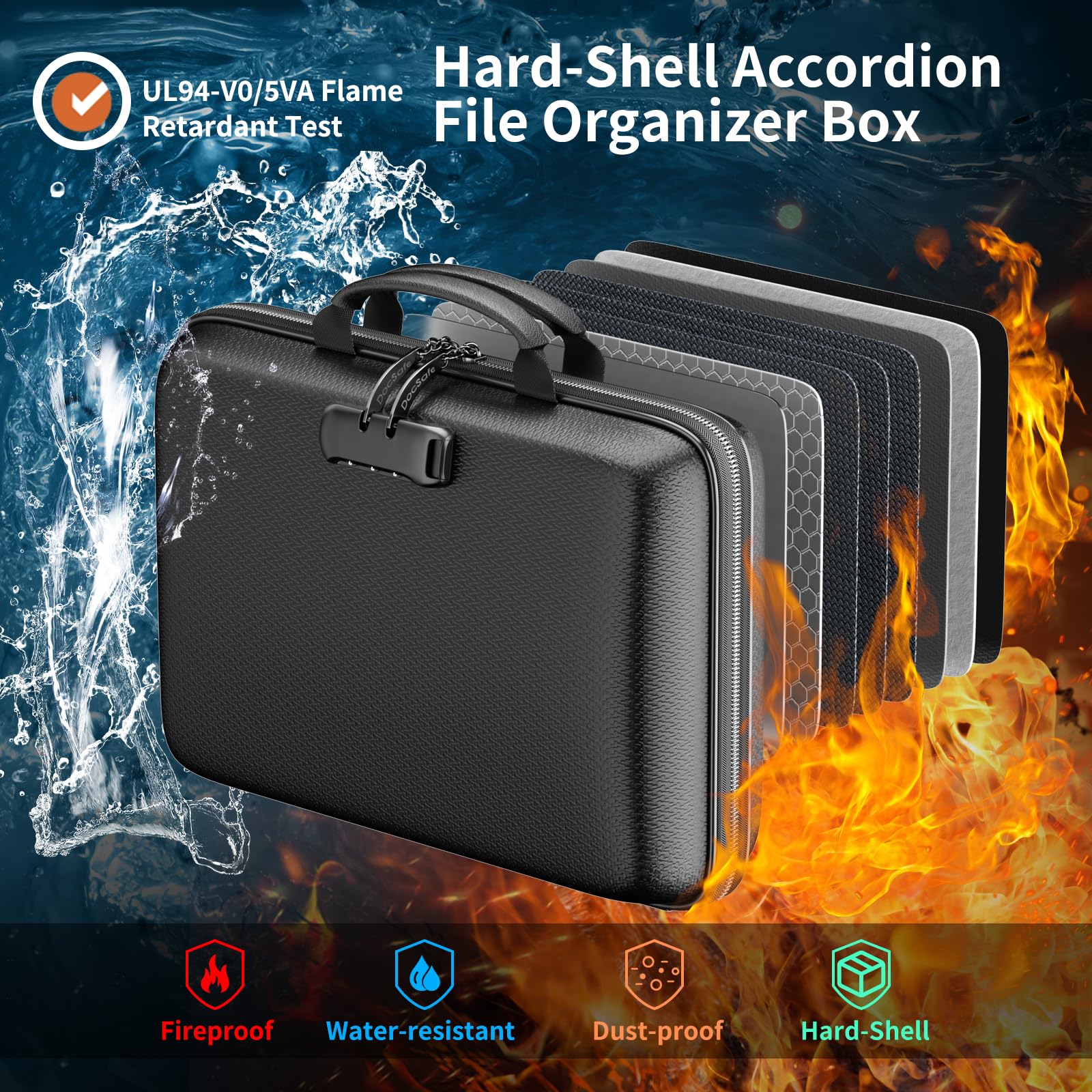 DocSafe Organizer per documenti ignifugo con serratura, custodia rigida ignifuga, con 13 tasche a fisarmonica, portatile, per casa, ufficio, viaggi, per documenti importanti, laptop, nero