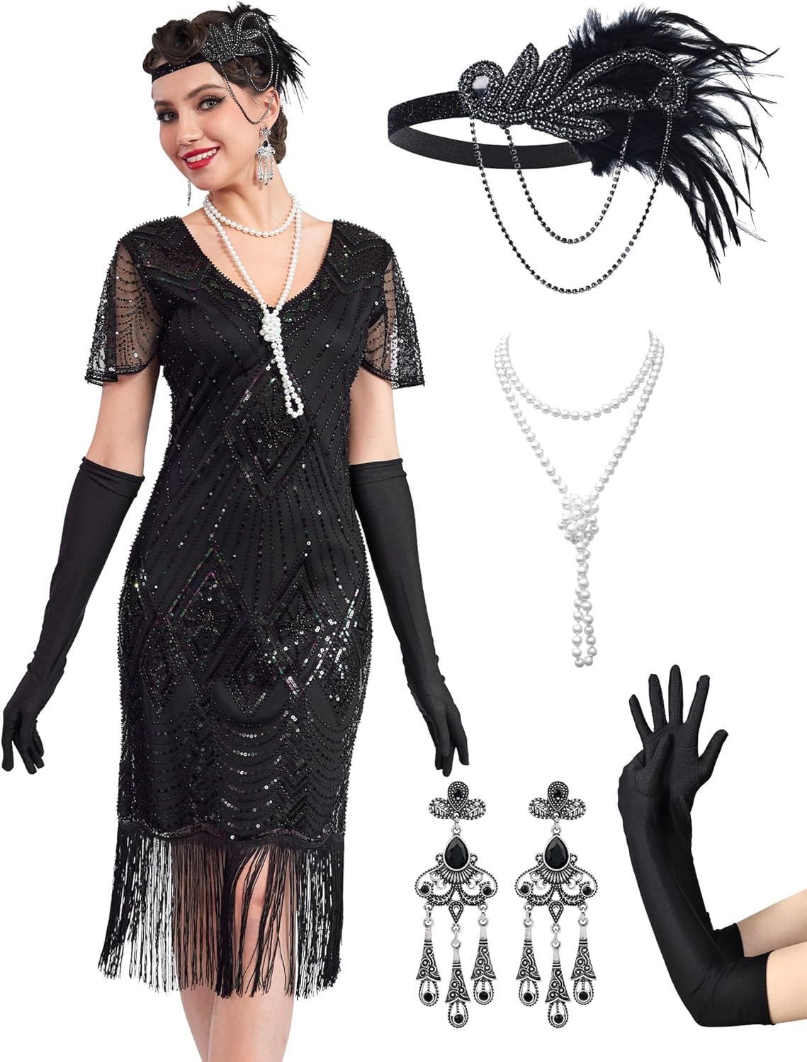 MTITE 1920s Dresses for Women, Great Gatsby Dresses Roaring 20s for women, Sheer Beaded Sleeves Costume with accessories