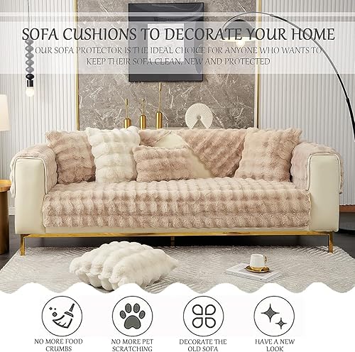 Miniatura 10 de Cojín grueso de felpa de conejo para sofá, funda para sofá de esquina de 3214 plazas, protector de muebles de piel sintética súper suave lavable