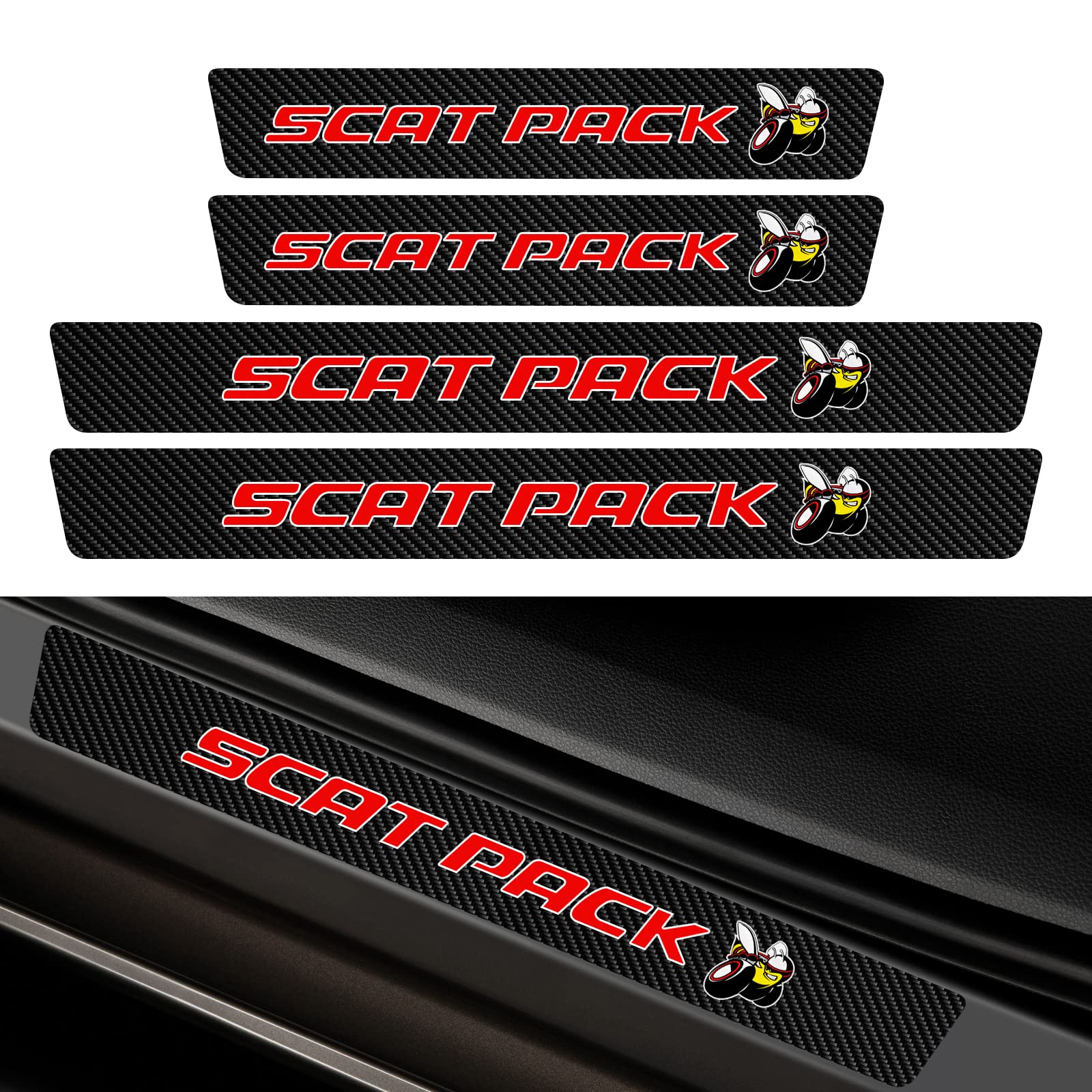 Car Door Sill Protector for Dodge Challenger Scat Pack Super Bee, 4Pcs Reflective Carbon Fibre Vinyl Car Threshold Sticker Decoration Scuff Plate Sticker Car Door Edge Guards
