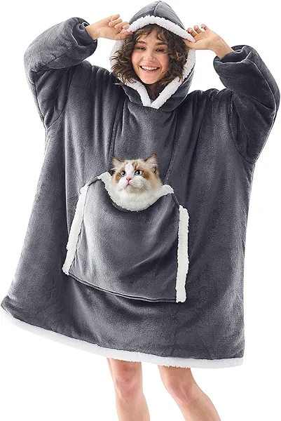JOYWOO Wearable Blanket Hoodie,Oversized Cat Lovers Sweatshirt Blanket for Adult & Teens,Birthday Gifts for Women Men Mom Girl Boys,Cozy Fuzzy Sherpa Sweatshirt Blanket Giant Pocket Gifts,Grey Small