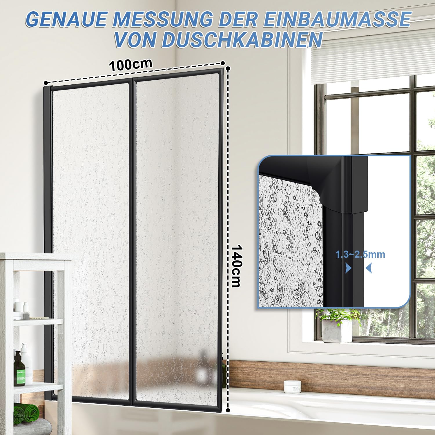 Parete doccia per vasca da bagno, 100 x 140 cm, 2 pezzi, pieghevole, in plastica PS