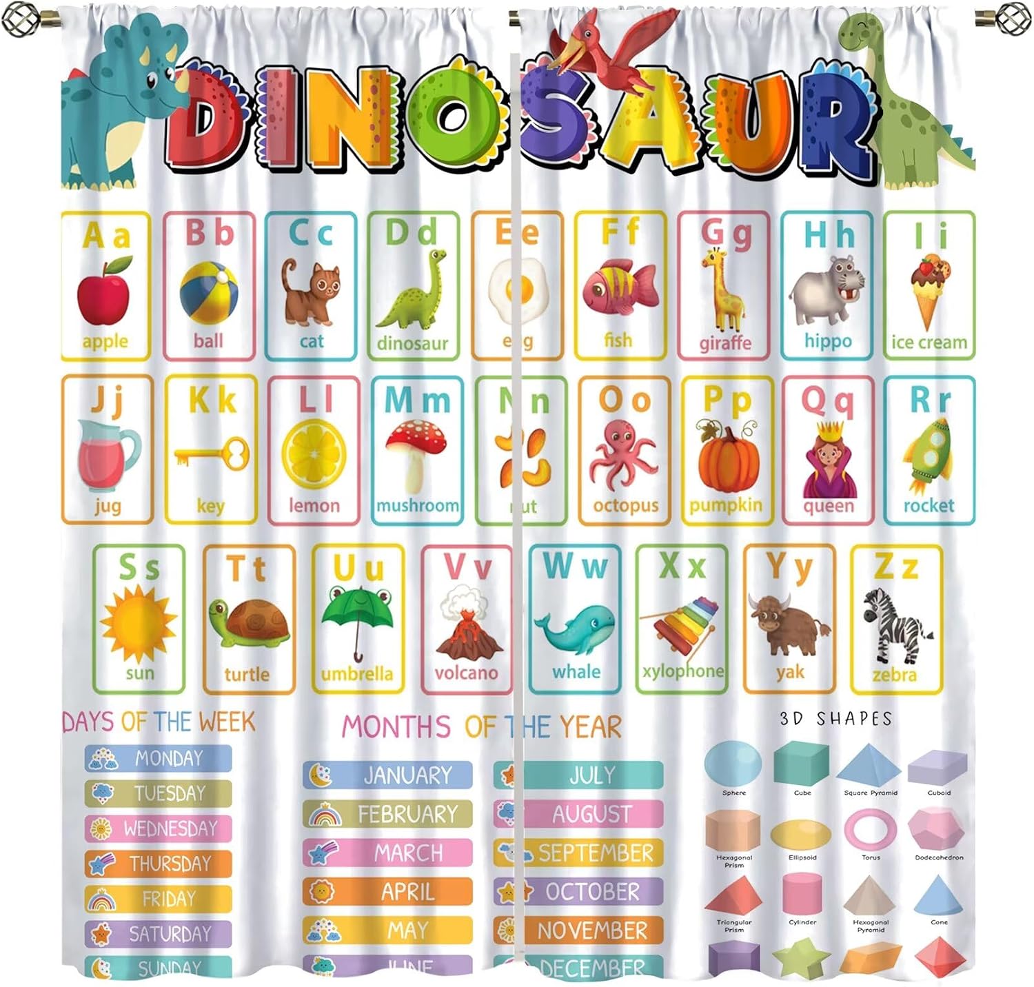 Funny Kids Alphabet Curtain, Cartoon Animal Alphabet Learning Dinosaur Boys Kids Students Baby Educational Colorful Blackout Window Treatments for Bedroom Living Room School 42" W X 54" L