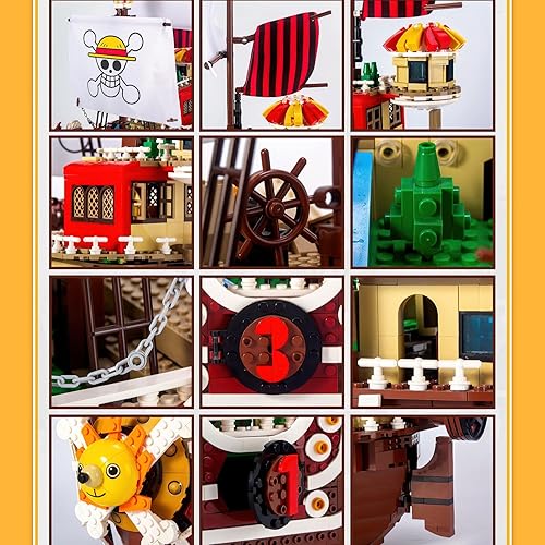 Miniatura 6 de HI-REEKE Juego de bloques de construcción de barco pirata de anime, modelo de barco de batalla Thousand Sunny Brick Boat Battleship Model para