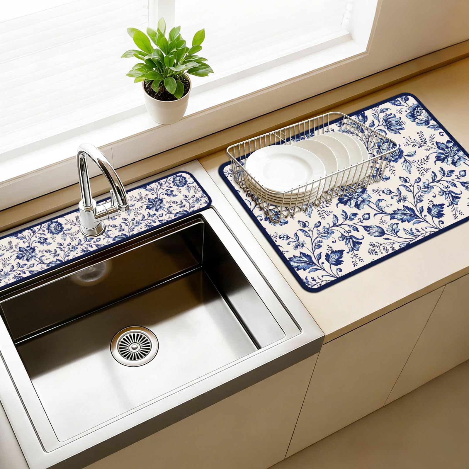 CONCHLERY 3 Pcs 2 Size Retro Flowers Kitchen Sink Splash Guard Faucet Mat — image 1