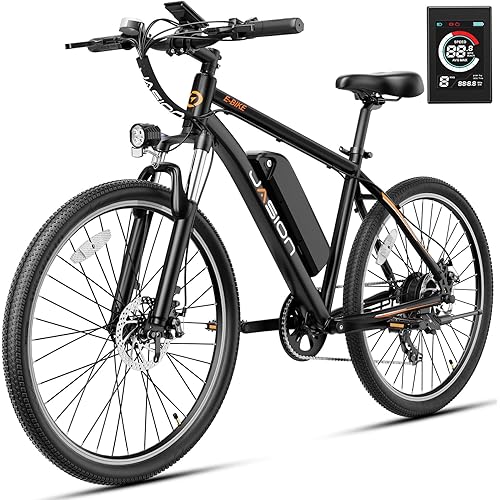 Jasion EB5 Electric Bike for Adults with Peak 1000W Brushless Motor, 40Miles 20MPH Commuting Electric Mountain Bike with 500Wh Removable Battery, 7-Speed, 26" Tires and Front Fork Suspension
