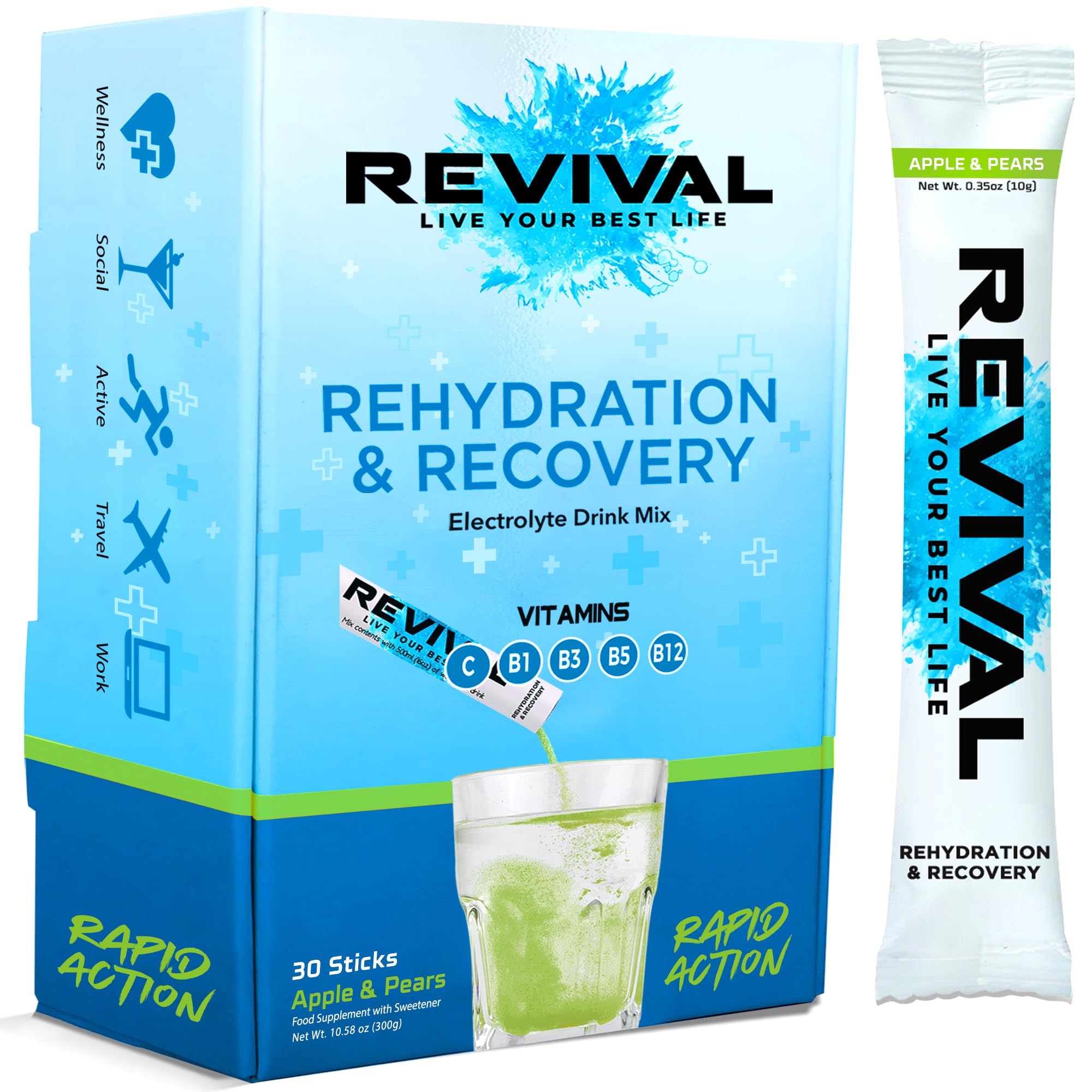 Revival Rapid Rehydration Electrolytes Powder - High Strength Vitamin C, B1, B3, B5, B12 Supplement Sachet Drink, Effervescent Electrolyte Hydration Tablets - 30 Pack Apple Pear