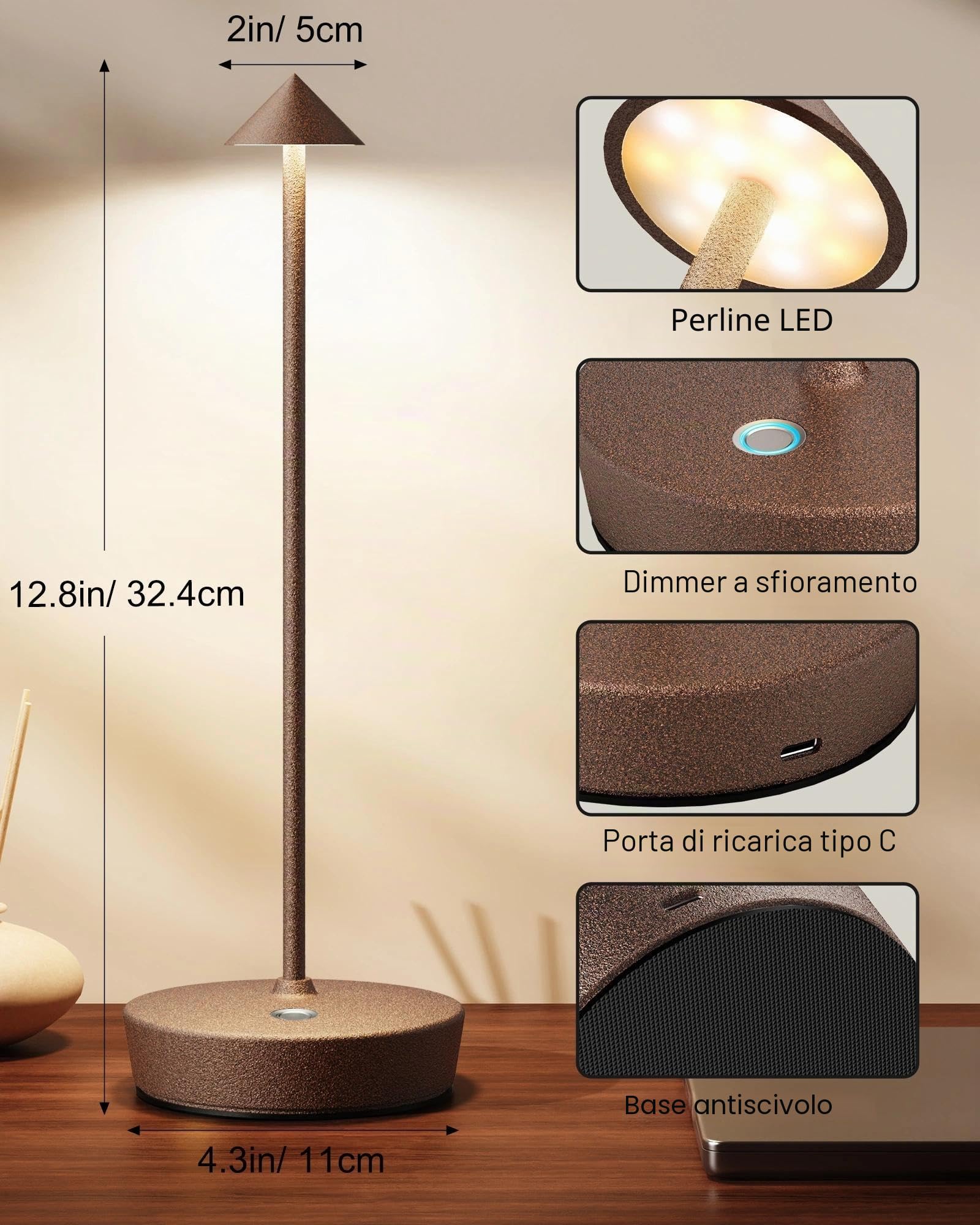 Lampada da Tavolo Ricaricabile senza fili per Interni/Esterni (2 Ruggine) | lampada da tavolo a led ricaricabile, 3 Modalità di Colore, Dimmerabile Impermeabile, 6000mAh per Ristorante Comodino