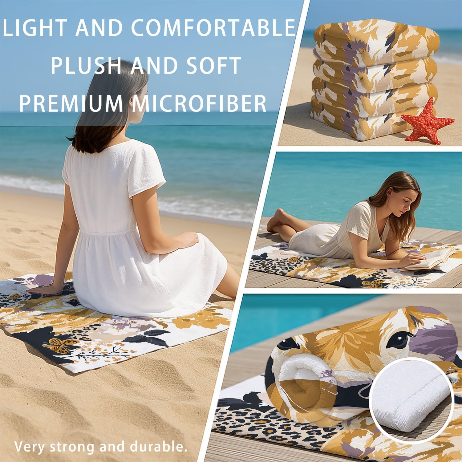 Générique Grande Serviette de Plage 230 x 210 CM,Drap de Plage Microfibre,Couverture de Plage Absorbante Rapide pour Patchwork, Avant-Garde, Mignon Veau, Fleurs, Papillons, Imprimé Léopard