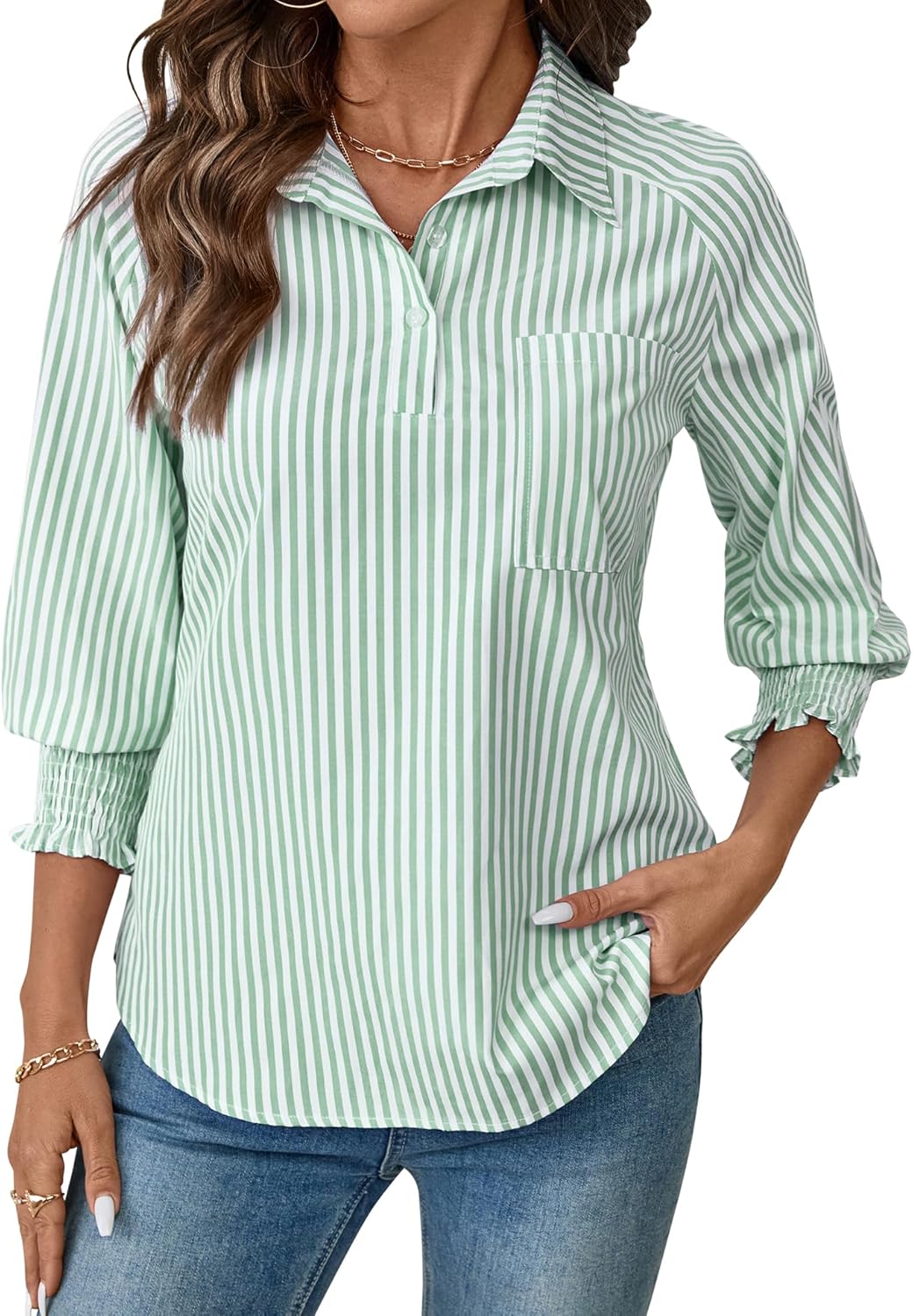 Kistore Women Blouses 3/4 Sleeve Business Shirts Smocked Cuffed Spring Dressy Casual Tops 2026 Fashion S-XXL