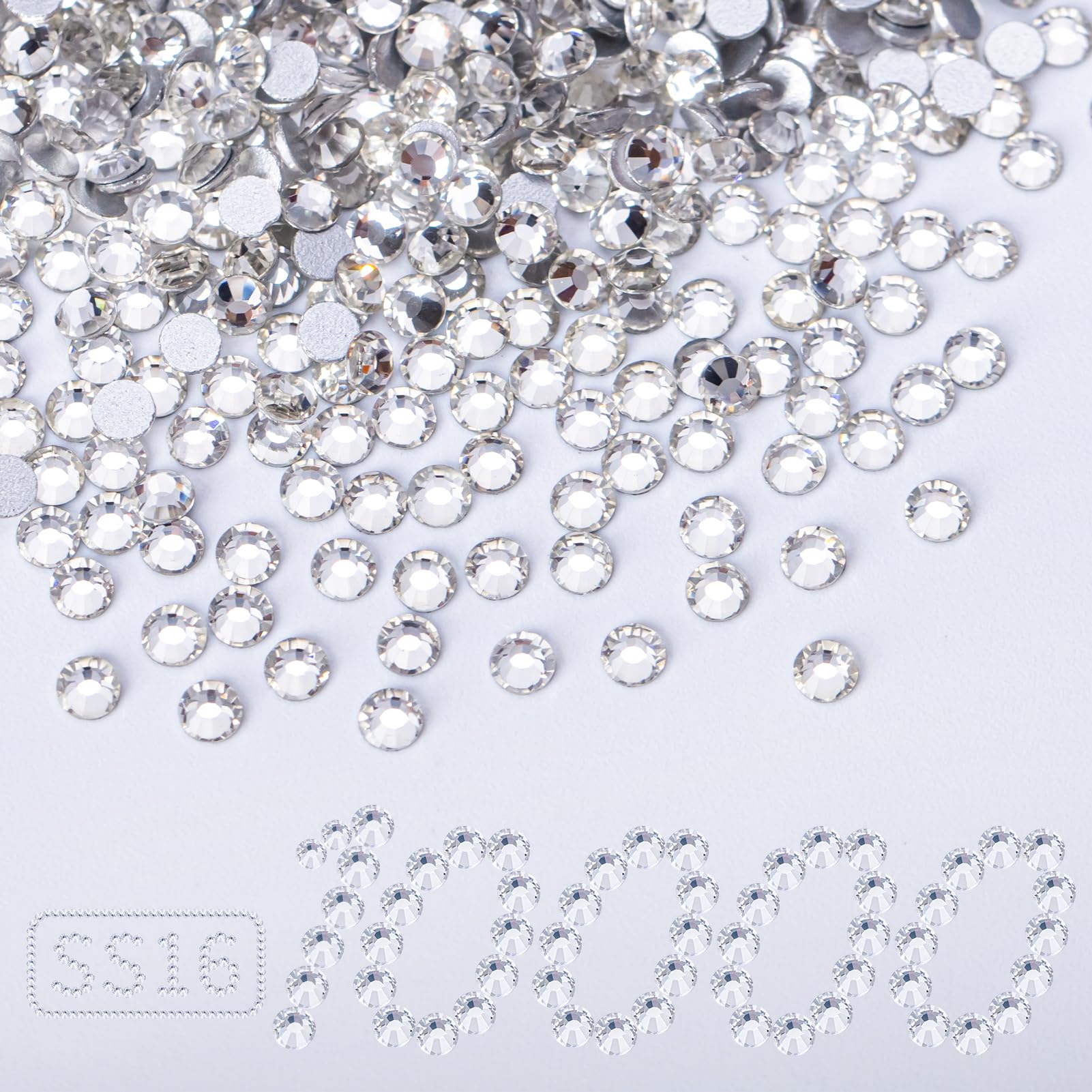 10000PCS Clear Rhinestones Bulk, Flat Back Crystal Glass Stone Round Gems,SS16, 3.8-4.0mm