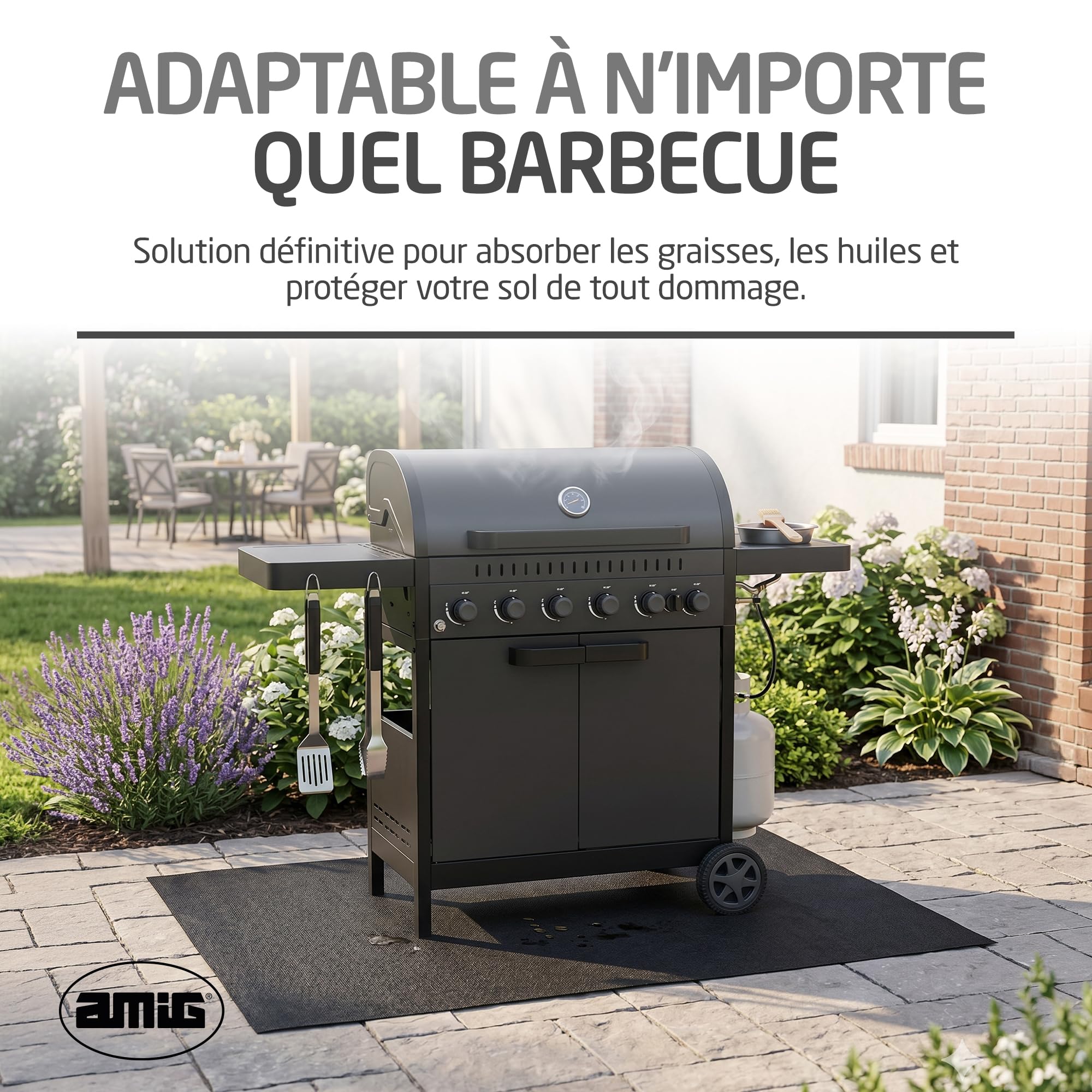 Amig - Tapis de Protection pour Barbecue BBQ - Anti-Taches, Imperméable et Antidérapant - Protection du Sol Contre la Graisse, l’Huile et Les Étincelles - 100 x 120 cm - Polyester PVC - Noir