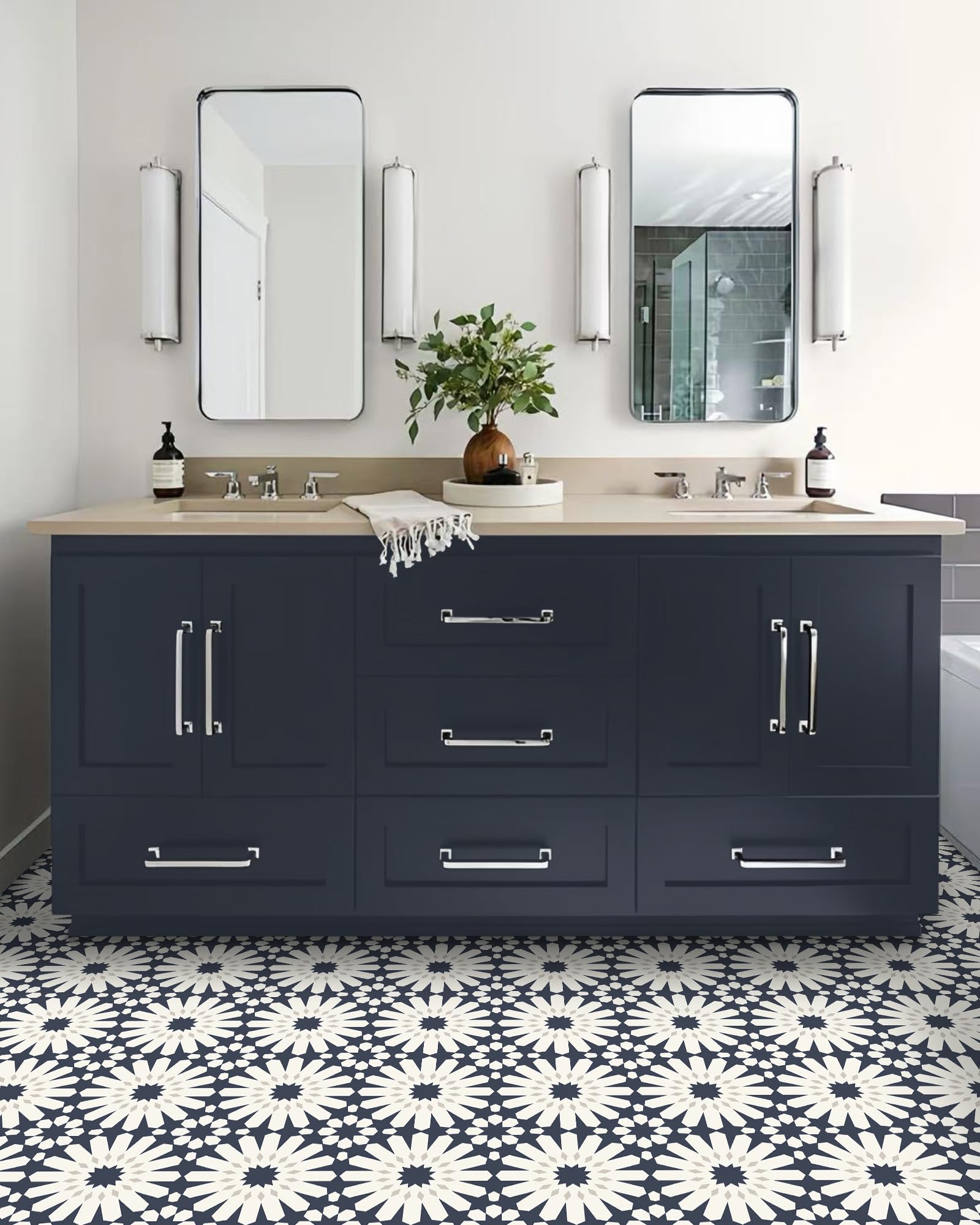MORCART Peel And Stick Floor Tile – 20 Pack 8x8 Vinyl, Waterproof Self-Adhesive For Bathroom, Kitchen, Hallway (Dark Blue Floral)