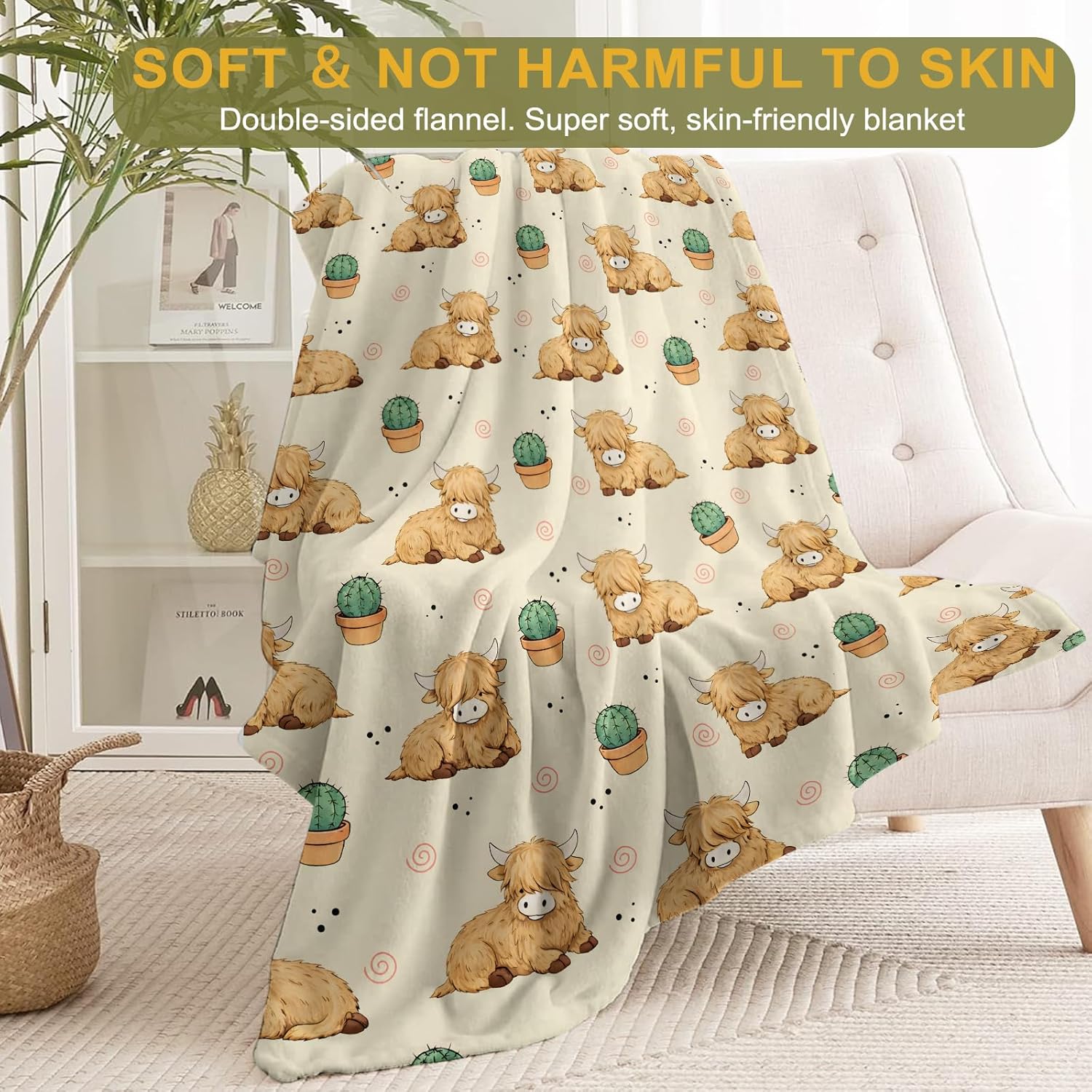 Playful Highland Cow and Cactus Fleece Blanket,Farm Animal and Desert Plant Western Style Blankets,Warm Farmhouse Decorative Throws for Sofa,Car,Office,Throw Gifts for Teens Adults 50”x60”