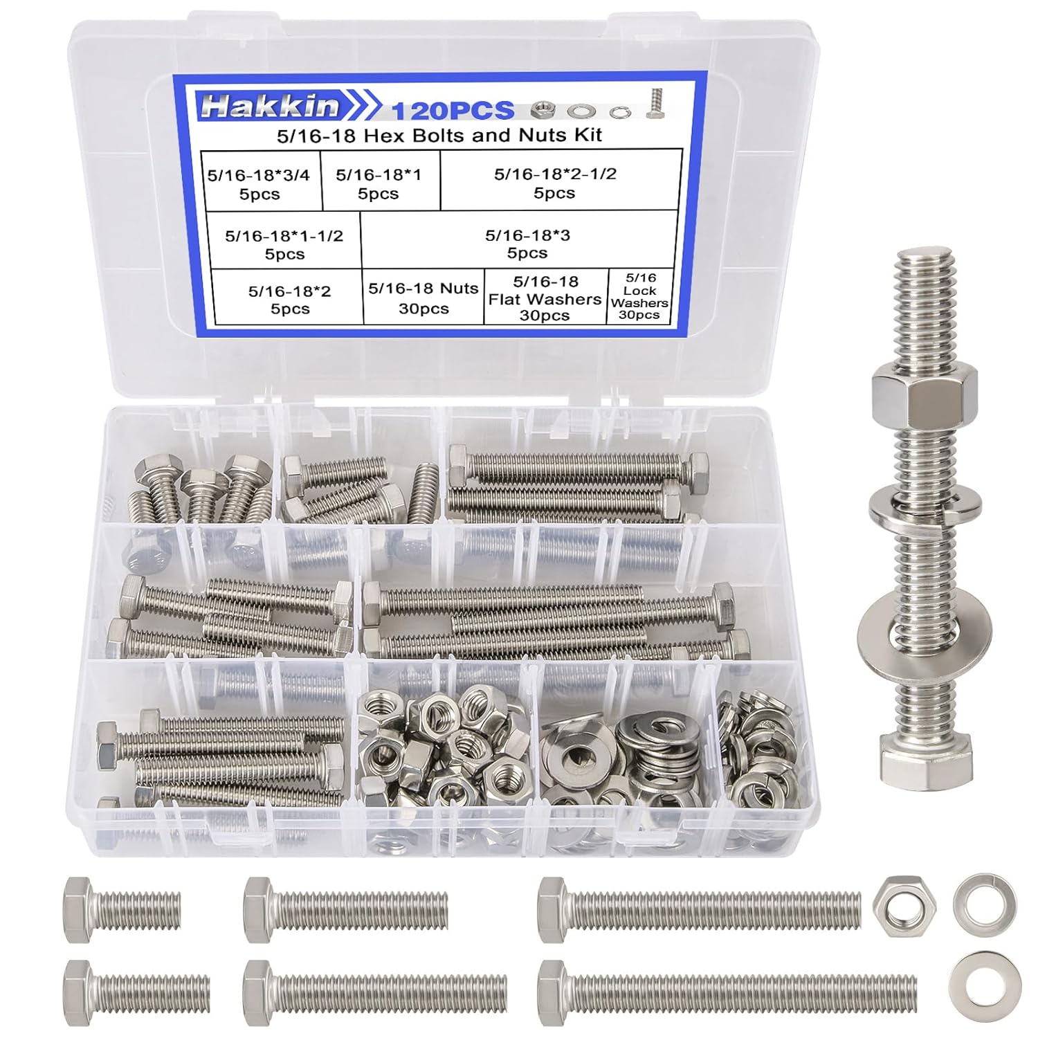 120PCS 5/16-18 Hex Bolts and Nuts Kit, Stainless Steel 5/16" Nuts and Bolts Assortment Kit, Flat & Lock Spring Washers Set Screw Assortment Kit, Machine Screws Set with Storage Case