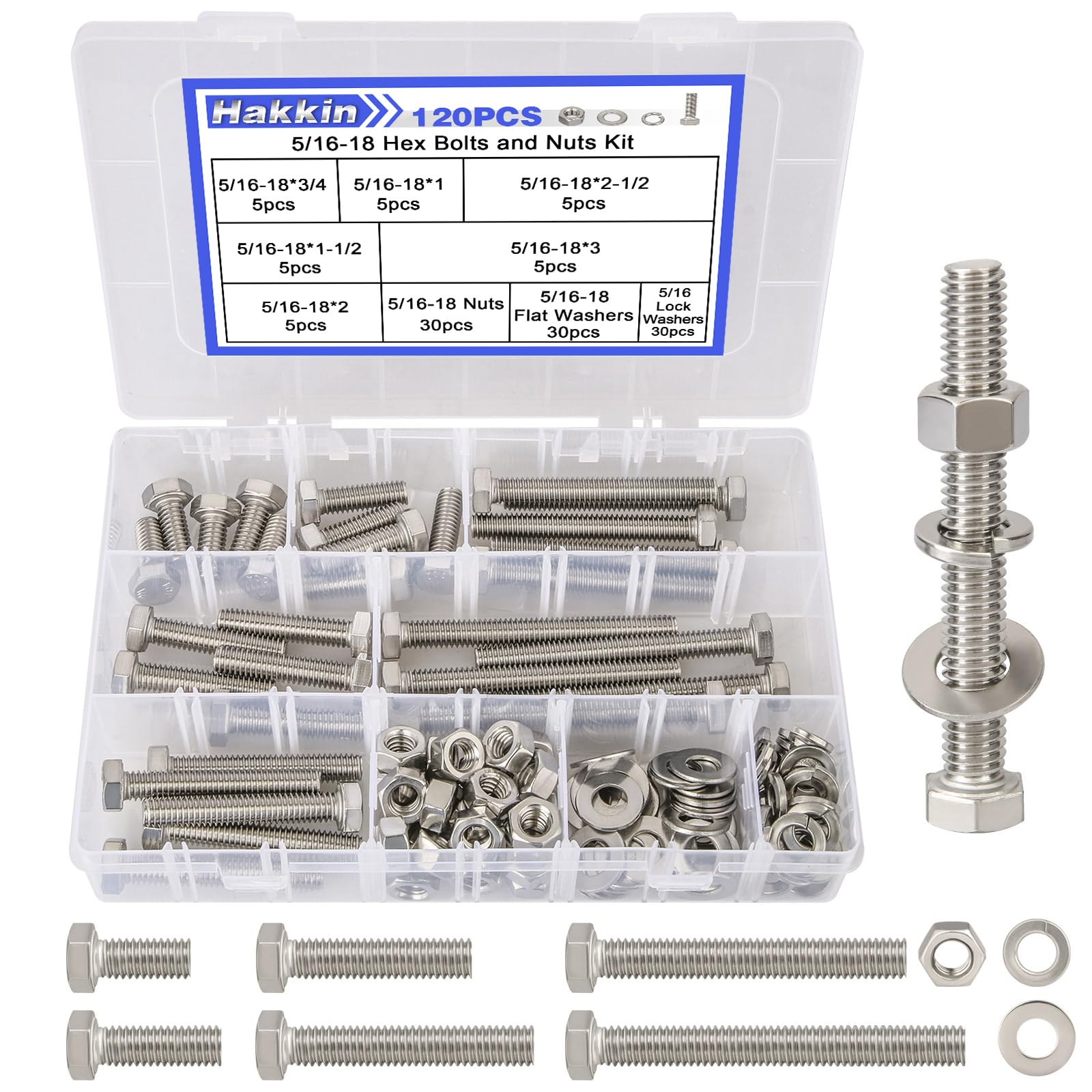 120PCS 5/16-18 Hex Bolts and Nuts Kit, Stainless Steel 5/16" Nuts and Bolts Assortment Kit, Flat & Lock Spring Washers Set Screw Assortment Kit,