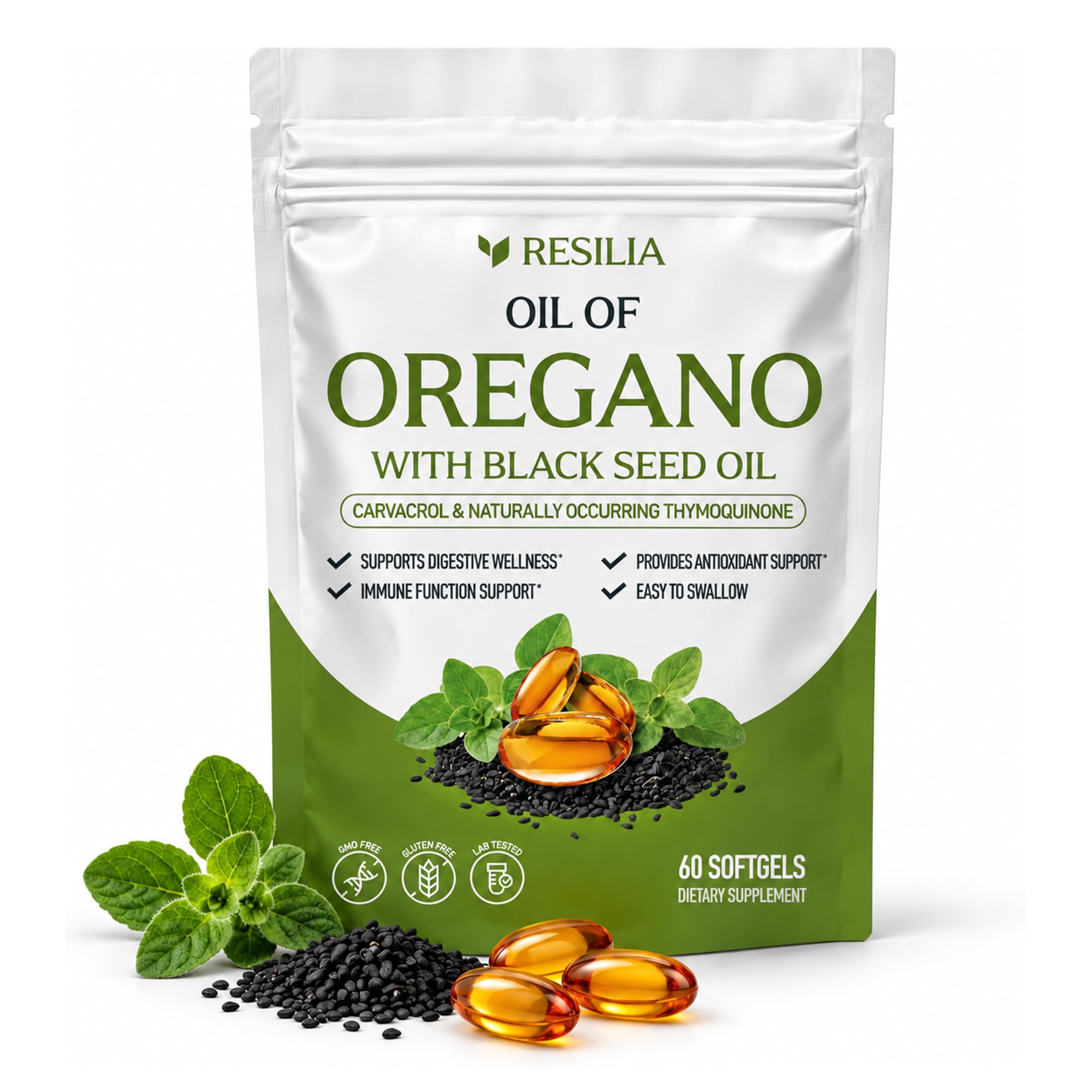 Resilia Softgels with Black Seed Oil – Premium Grade Oregano Oil Capsules for Immune & Digestive Support – Gluten-Free Softgels – Natural Herbal Wellness Supplement (60 Count)
