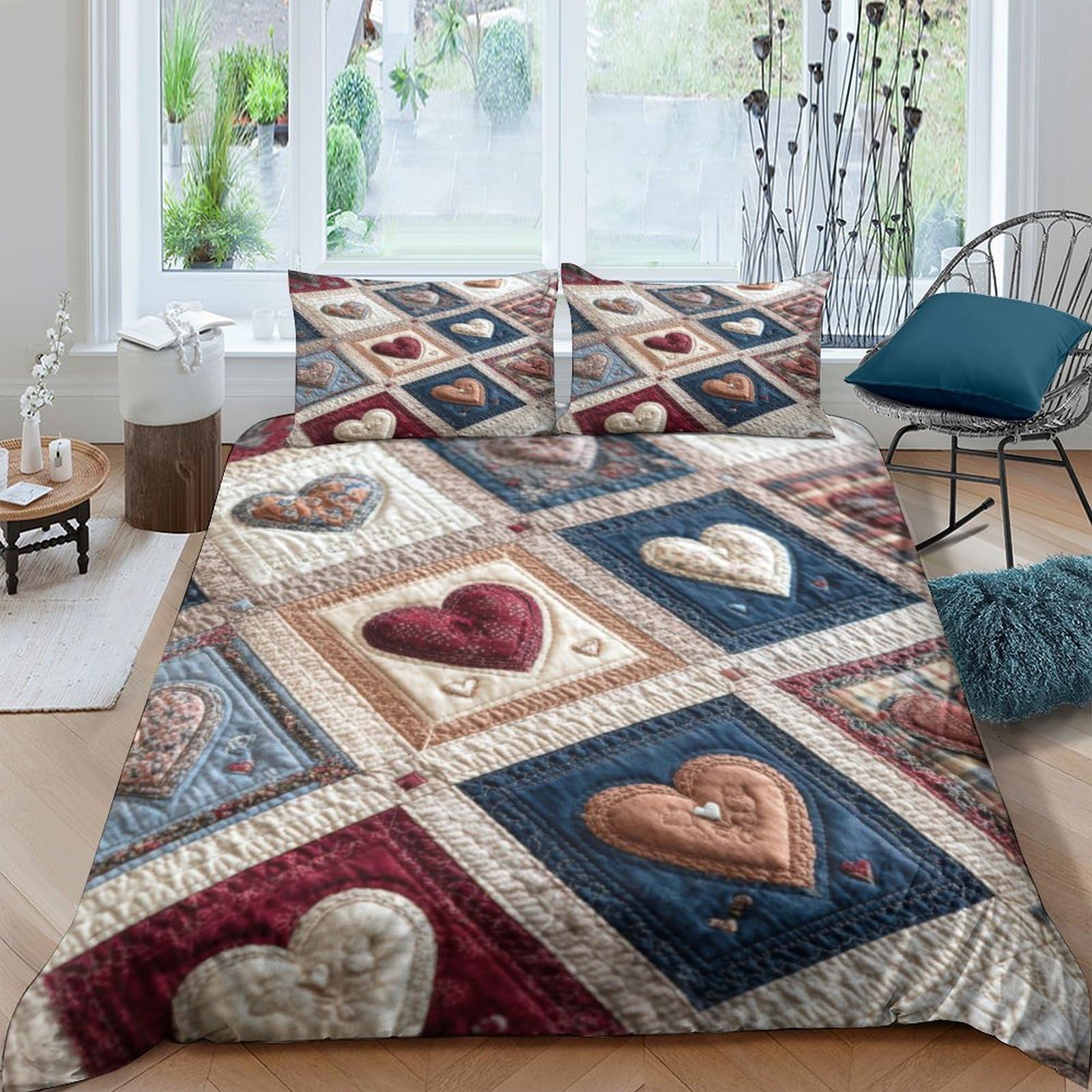 Ctjqhvkz Style-1 3D Printed Patchwork Heart Fitted Sheet Microfiber Soft Breathable Vintage Quilt Bed Cover For Bedroom Guestroom Decor Single（135X200cm）