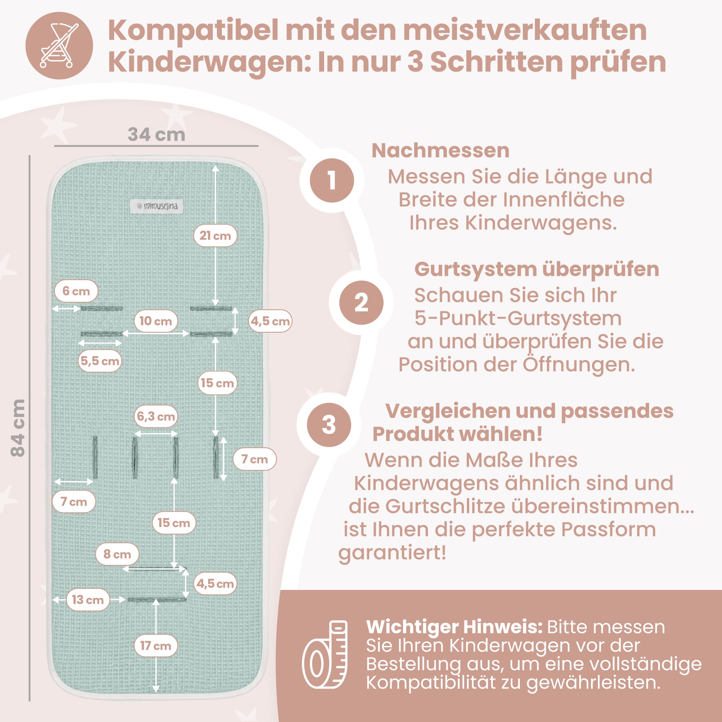 MIMUSELINA Kinderwagen Sitzauflage Universal aus 100% Baumwolle OEKO-TEX | Sitzauflage Buggy Sommer & Winter | Atmungsaktive, Waschbare Kinderwagen Unterlage 34 × 84 cm | Made in Portugal